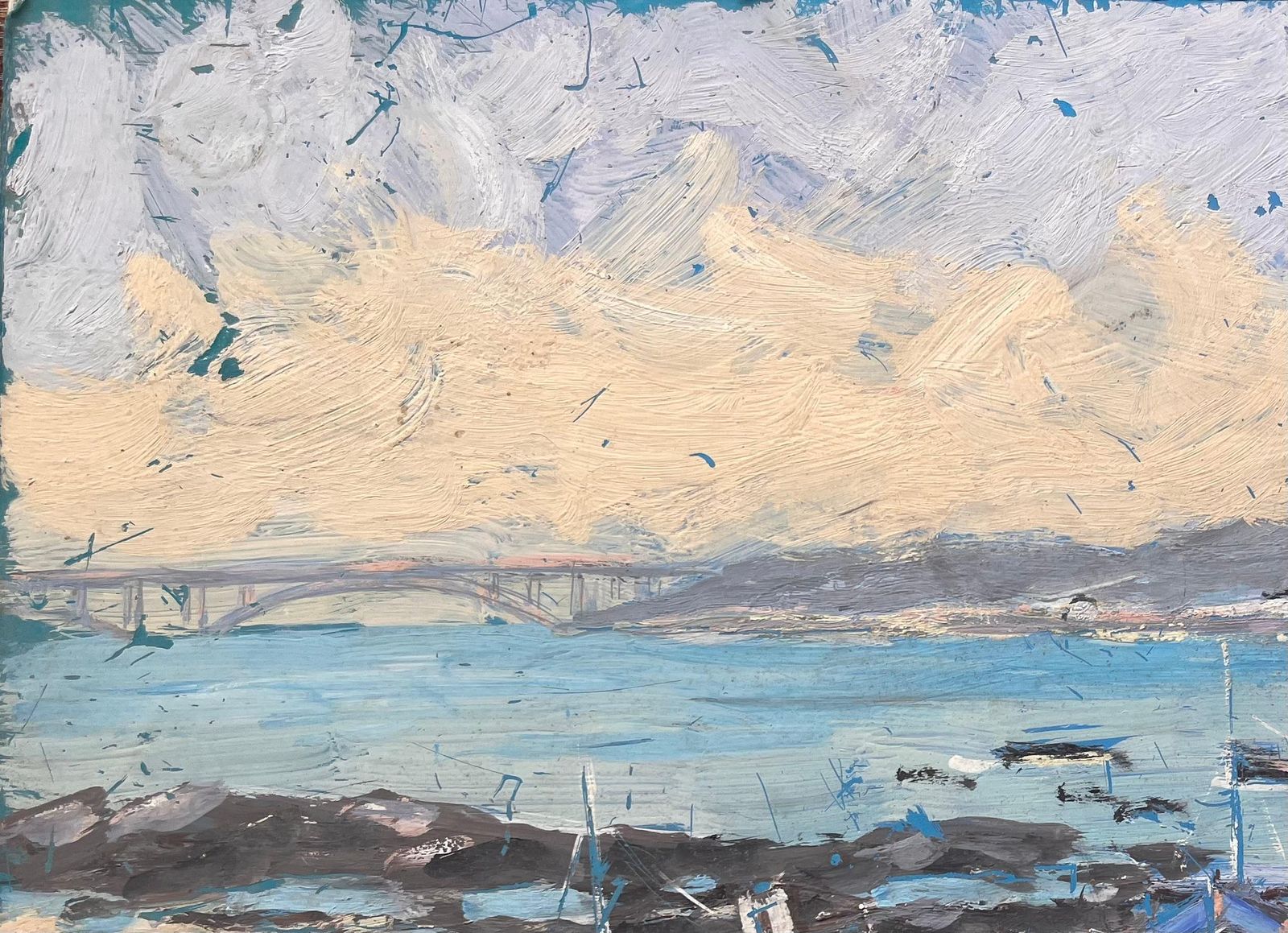 Fanch Lelimpressionist Coastal Scene Of Fishing Boats At Low Tide With Bridge View1993 photo vinterior