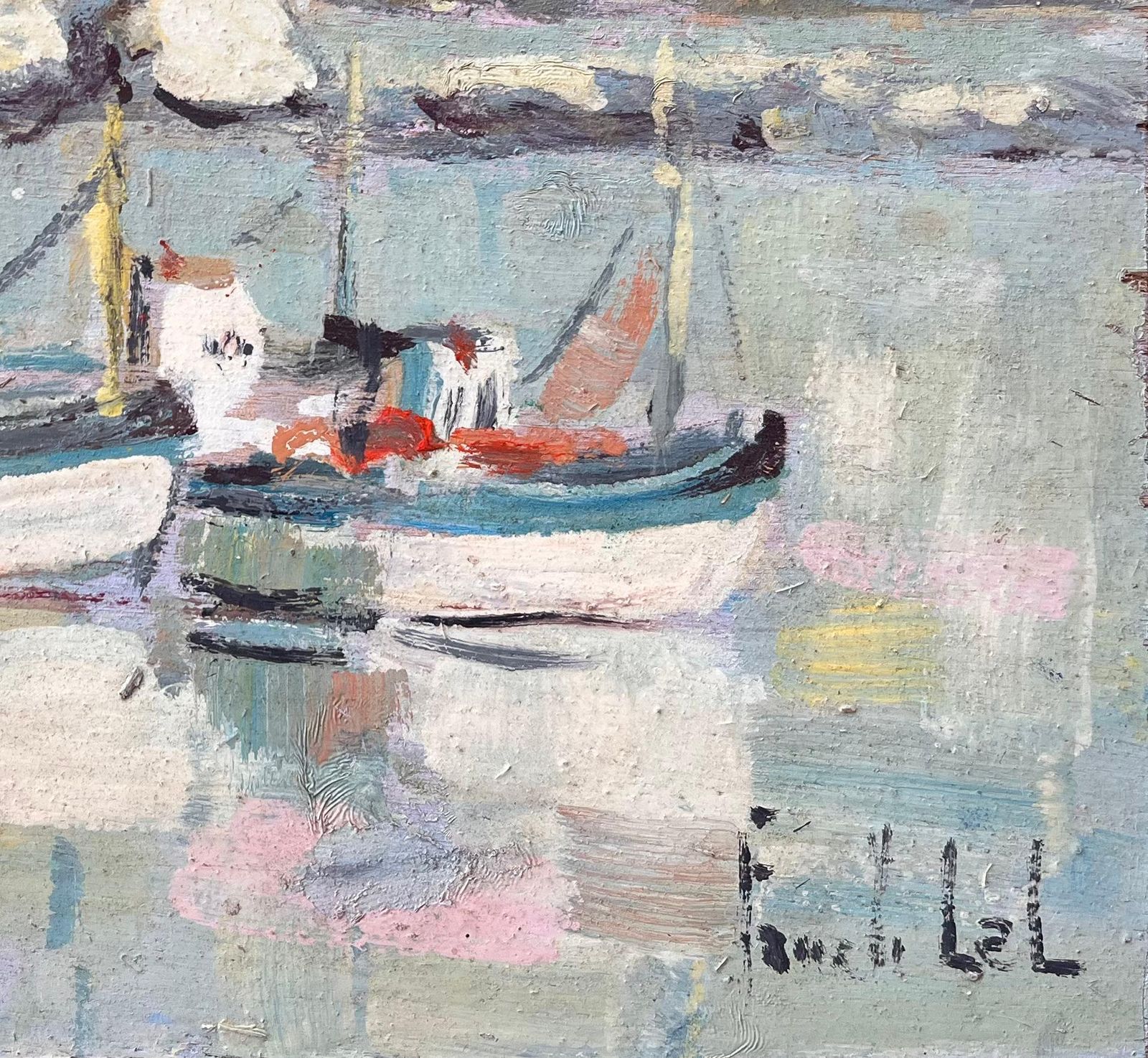 Fanch Lelfrench Impressionist Painting Of Moored Fishing Boats And Lighthouse photo vinterior
