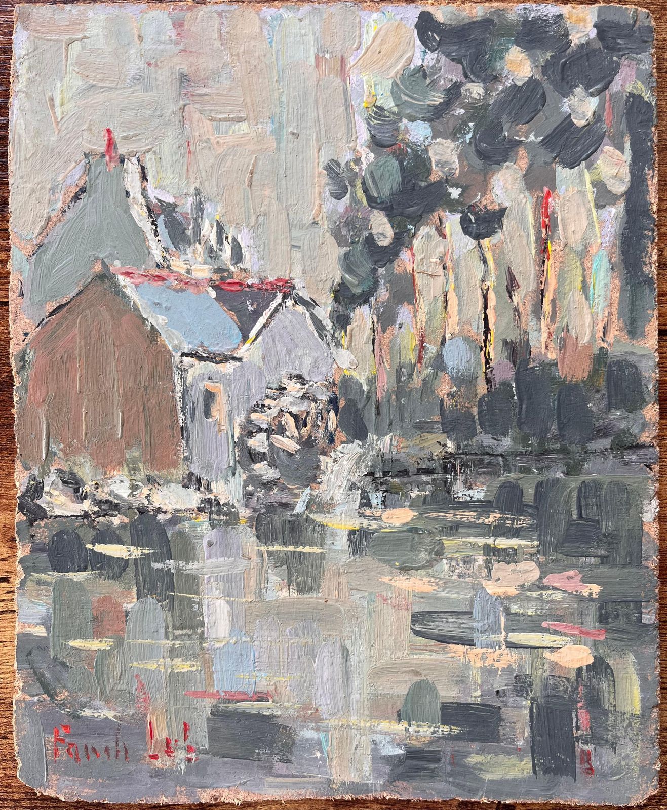 Fanch Lelfrench Impressionist River Scene In Moulin Sur L’aven With Rustic Houses photo furniture