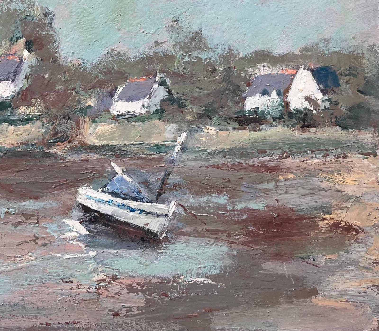 Fanch Lelfrench Impressionist Riverbank Scene With Sailboat And Church Spire photo for sale