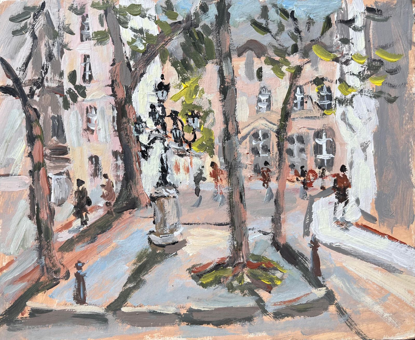 Fanch Lelimpressionist Tree Lined Parisian Square With Pedestrians And Historic Facades
