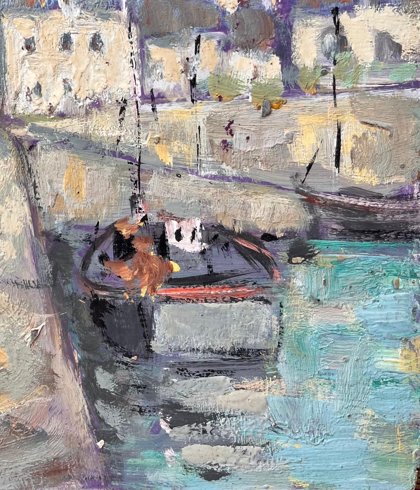 Fanch Lelimpressionist Coastal Town Scene With Church And Fishing Boat In Northern France photo for sale