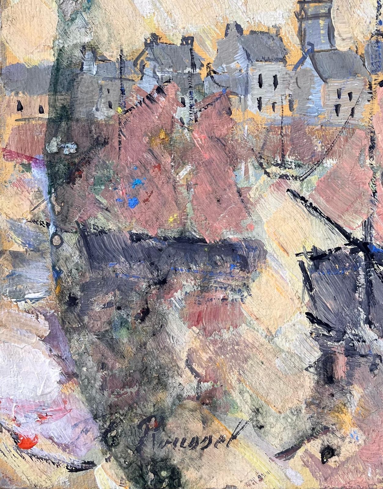 F.T Rousselfrench Abstract Port Scene Framed By Sailing Boats And Classic Town Architecture1995 photo Art