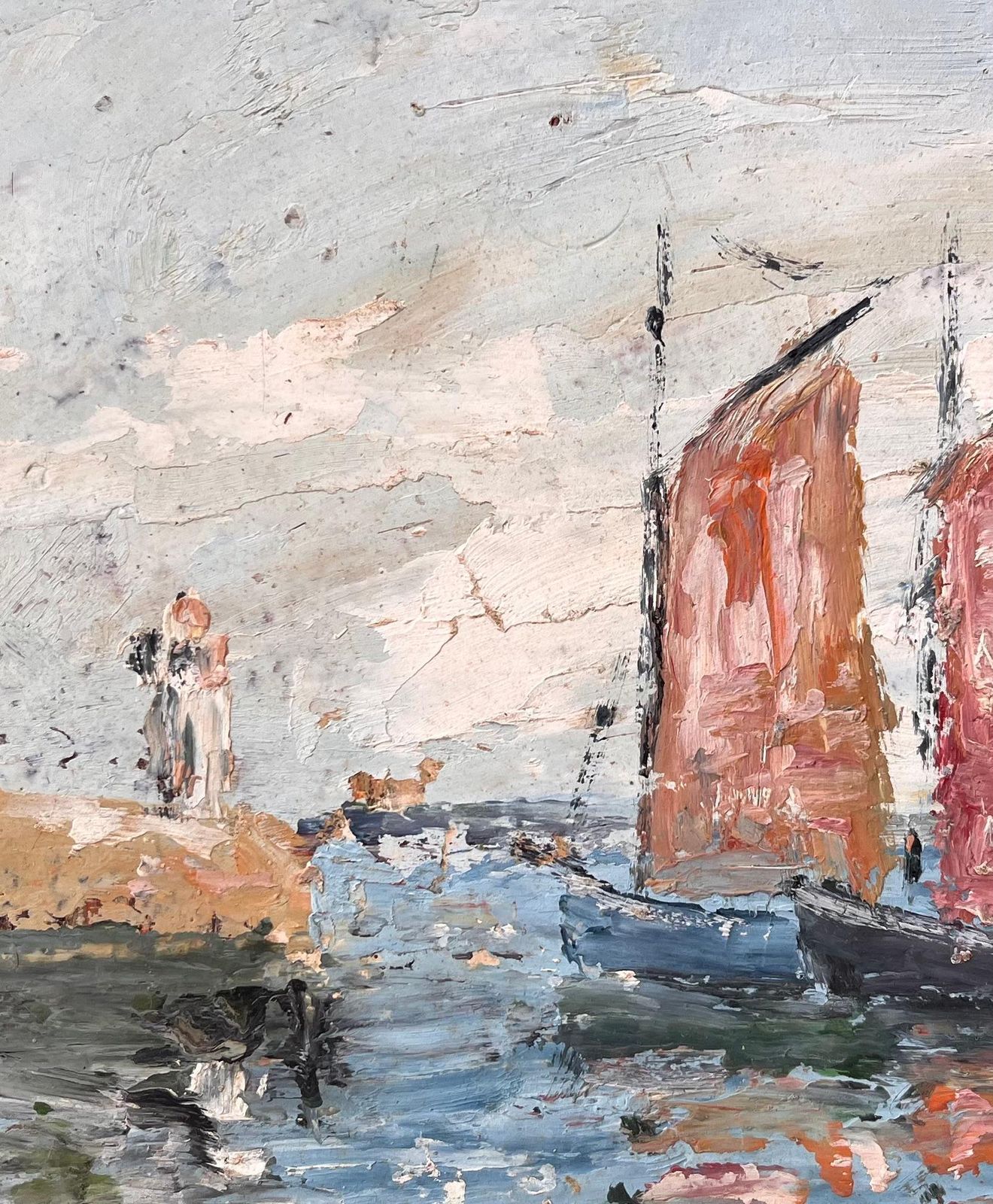 Fanch Lelfrench Impressionist Seascape With Red Sailed Boats And Lighthouse photo buy