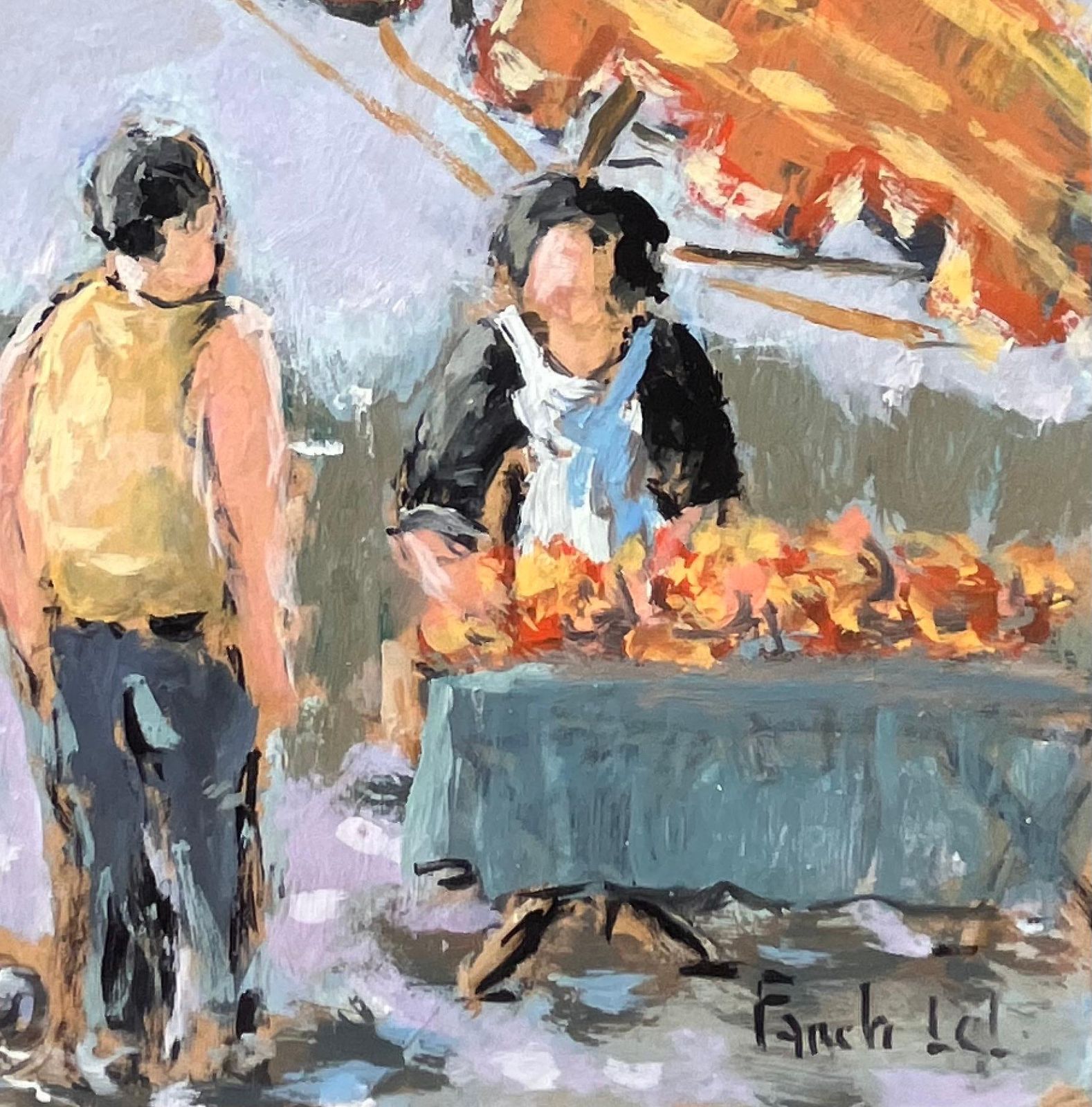 Fanch Lelimpressionist Market Scene In Dinard With Figures And Striped Parasols2009 photo 449.0