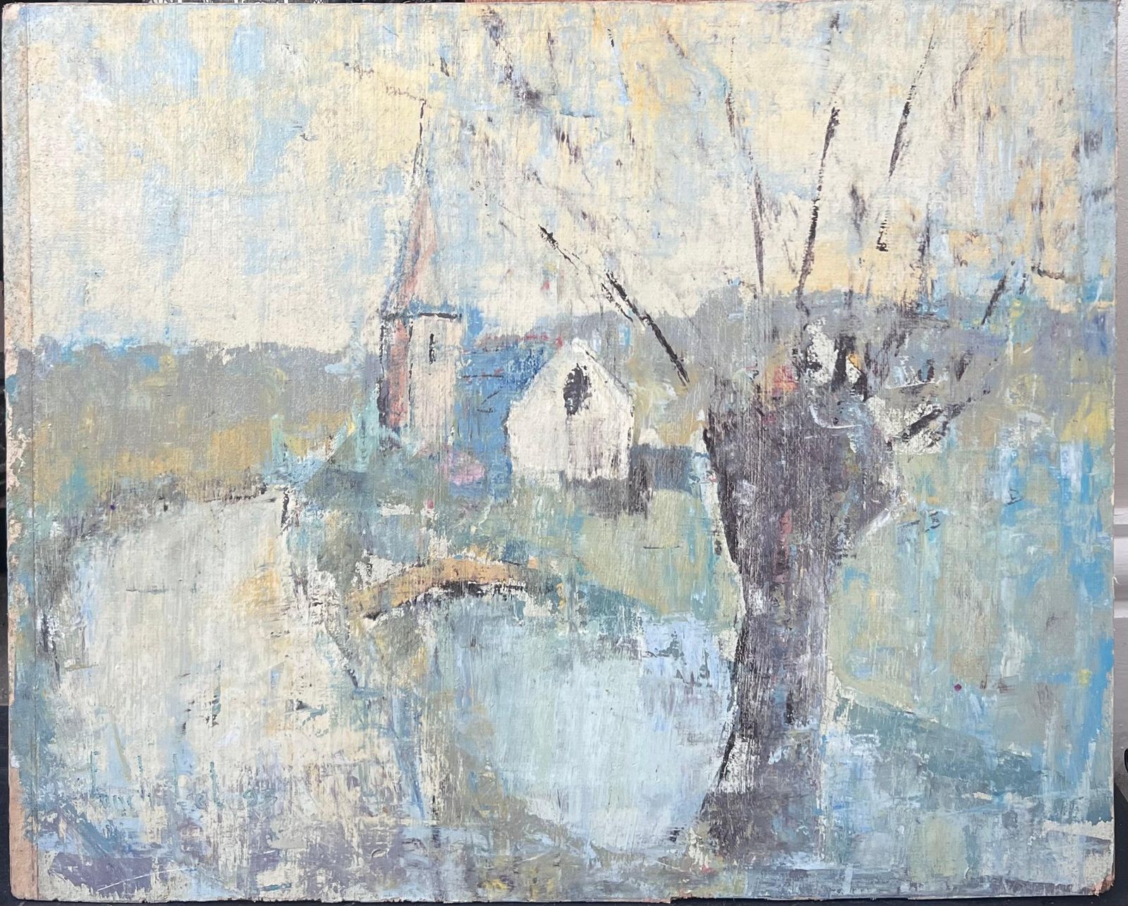 Fanch Lelbare Winter Tree In Blue River Church Landscape French Oil Painting19th Century photo furniture