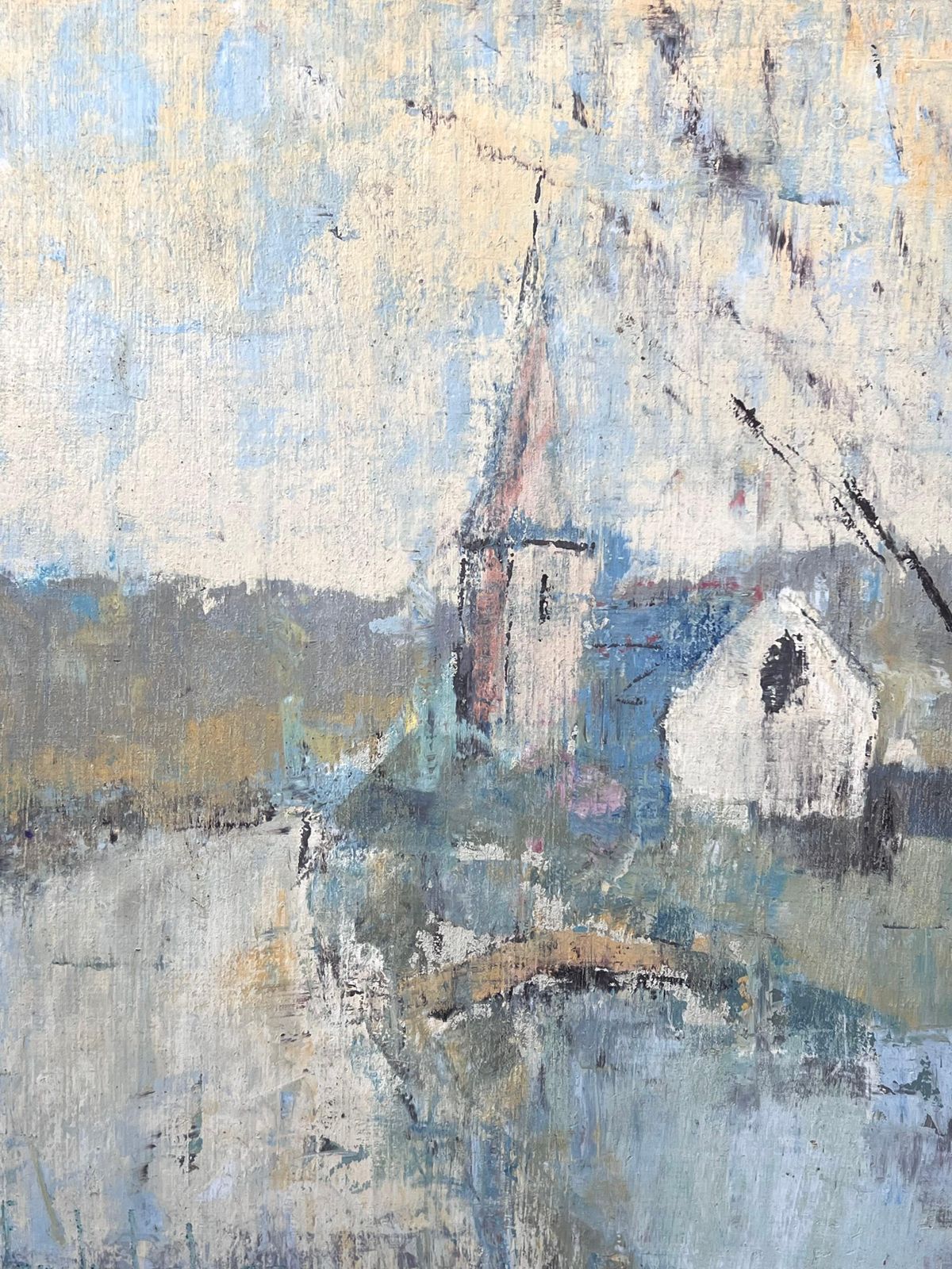 Fanch Lelbare Winter Tree In Blue River Church Landscape French Oil Painting19th Century photo for sale