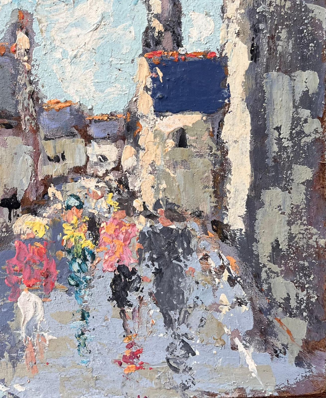 Fanch Lelstreet Scene With Figures And Church Spire In A Brittany Village1990 photo for sale
