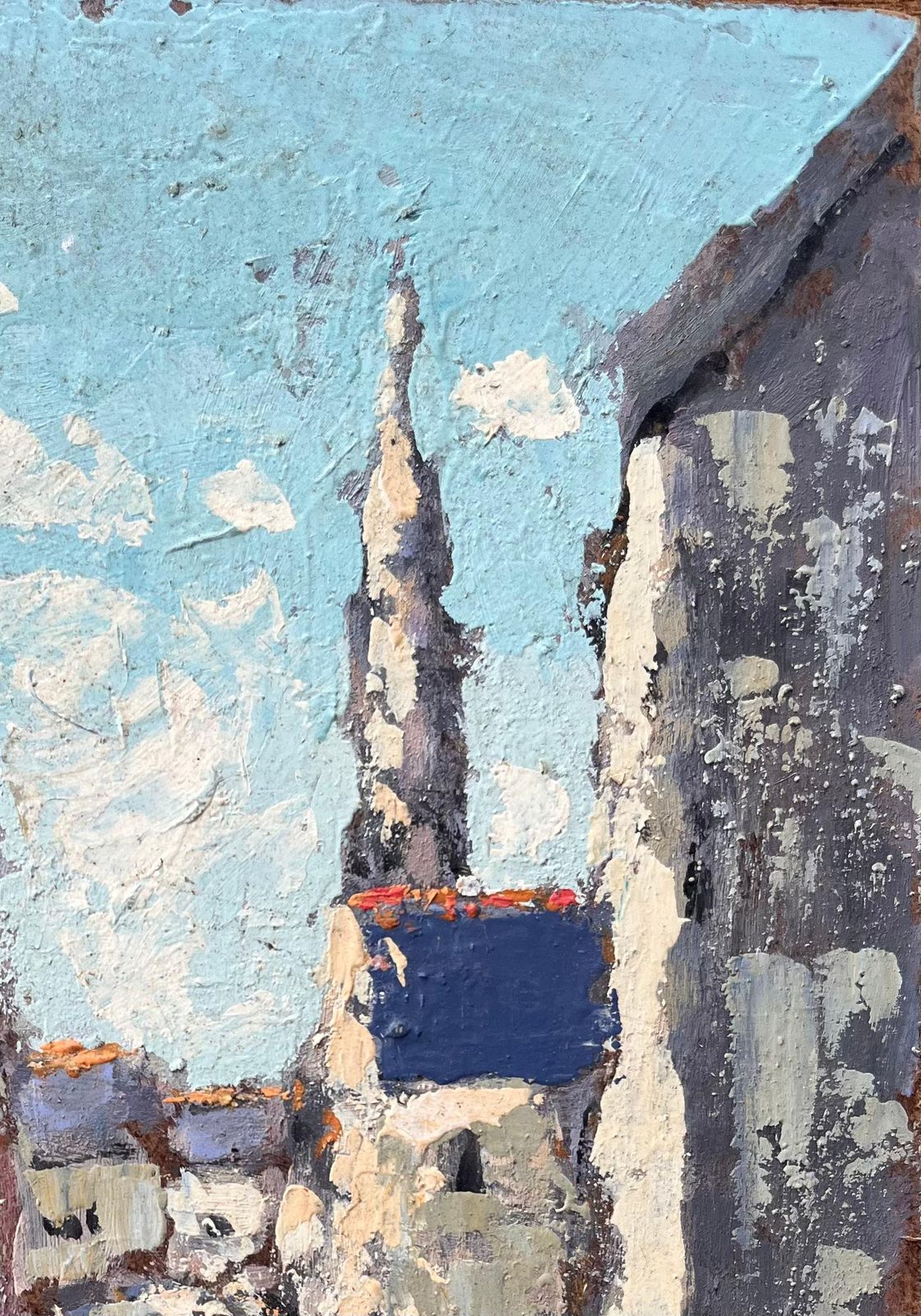 Fanch Lelstreet Scene With Figures And Church Spire In A Brittany Village1990 photo 484.0