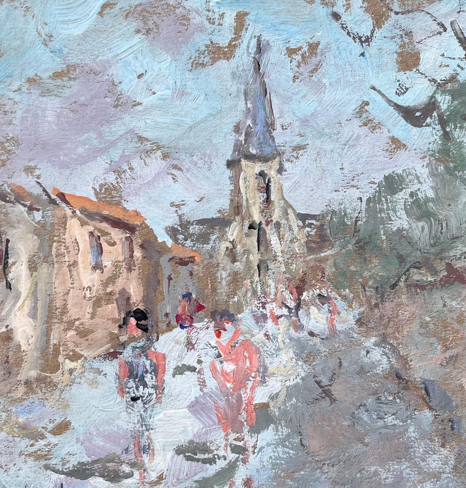 Fanch Lelfrench Village Street With Church Spire And Figures In Soft Pastels1995 photo buy