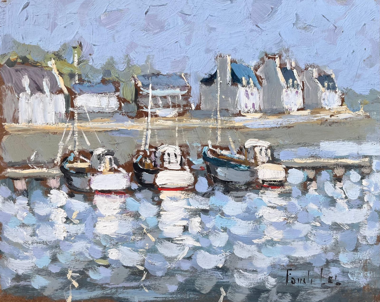Fanch Lelaudierne French Impressionist Painting Of Boats And Harbour Reflections1999