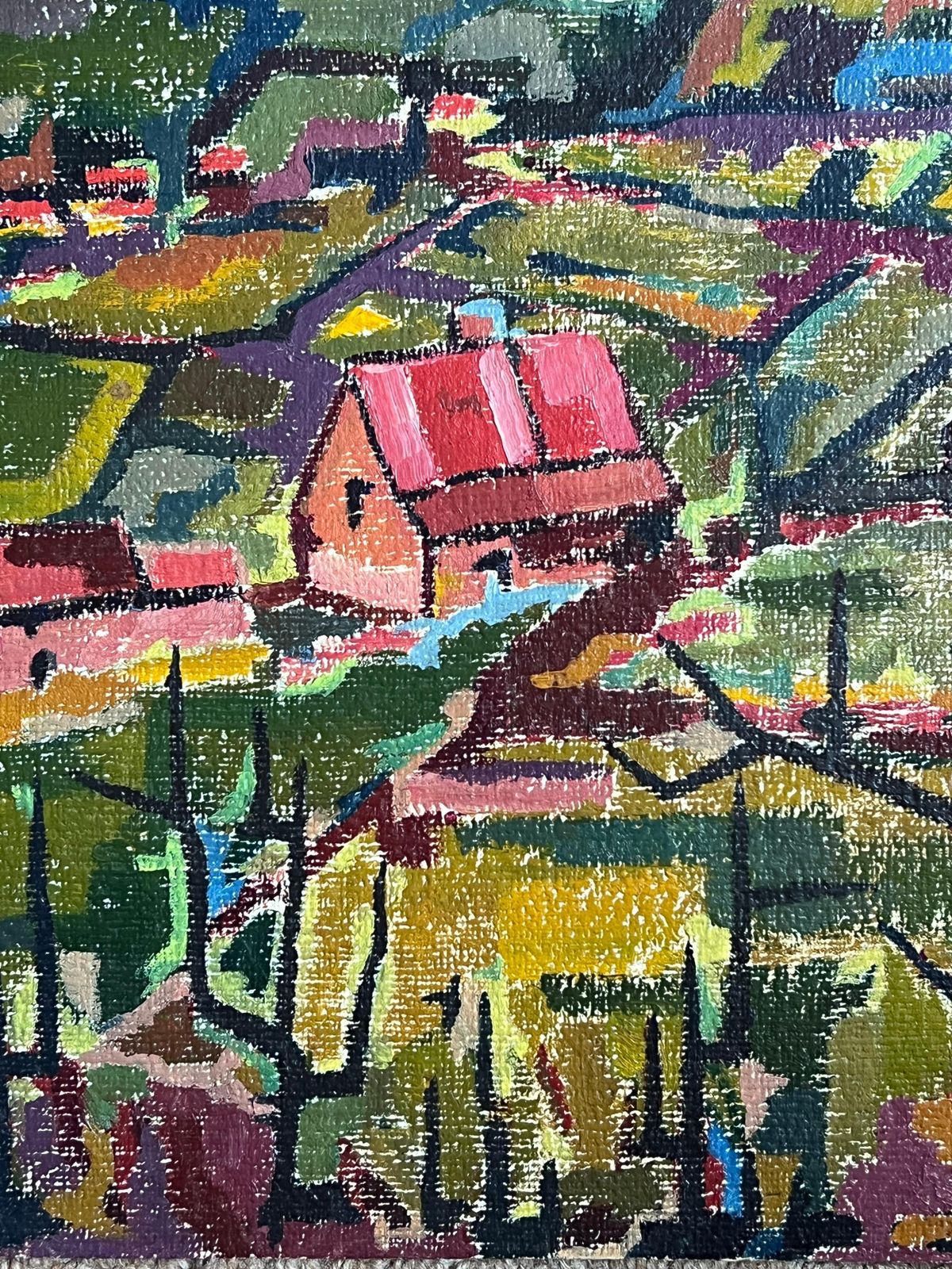 Raymond Guidotfrench Modernist 1960's Oil Painting Cubist Village Landscape photo furniture