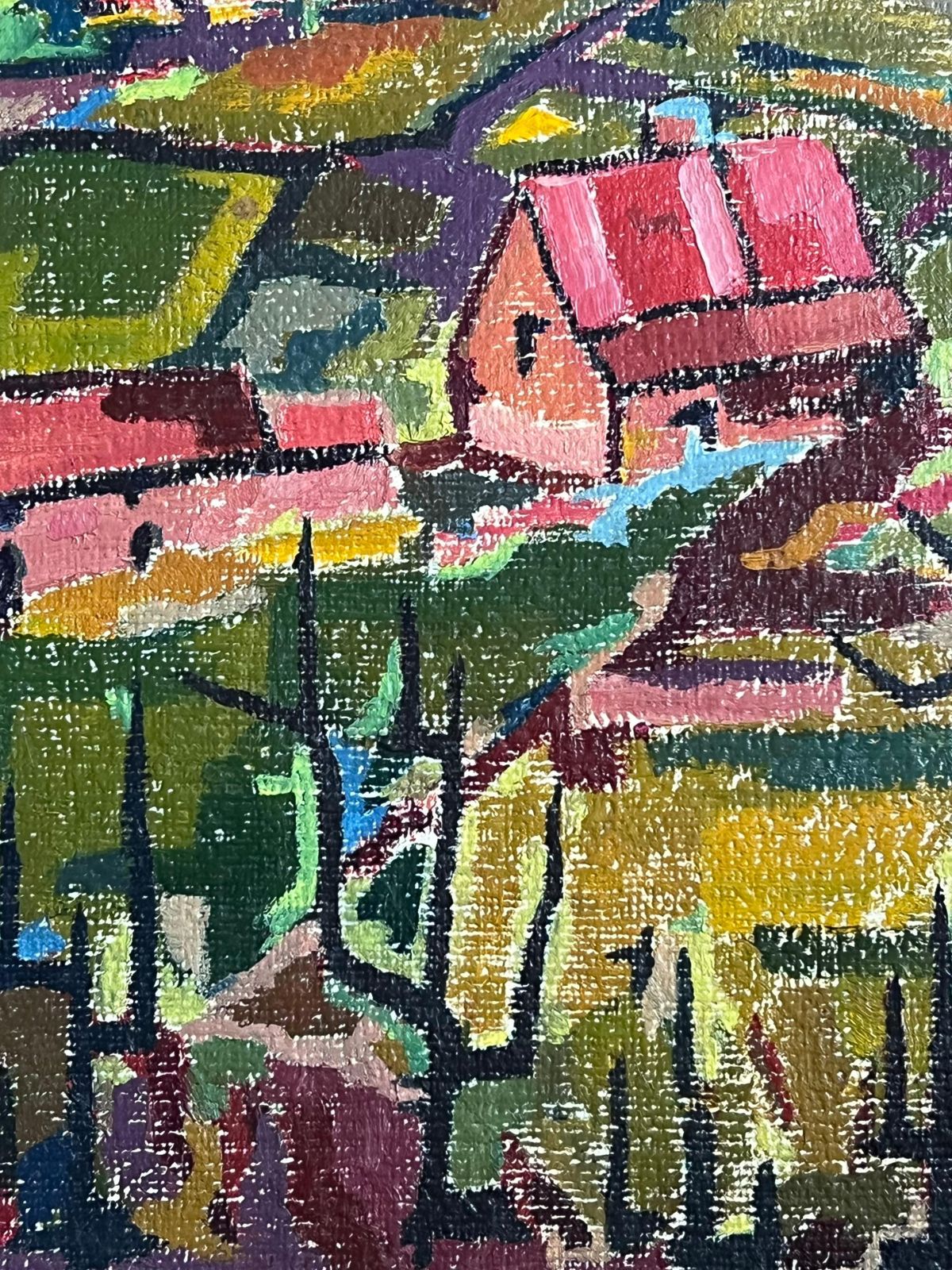 Raymond Guidotfrench Modernist 1960's Oil Painting Cubist Village Landscape photo for sale