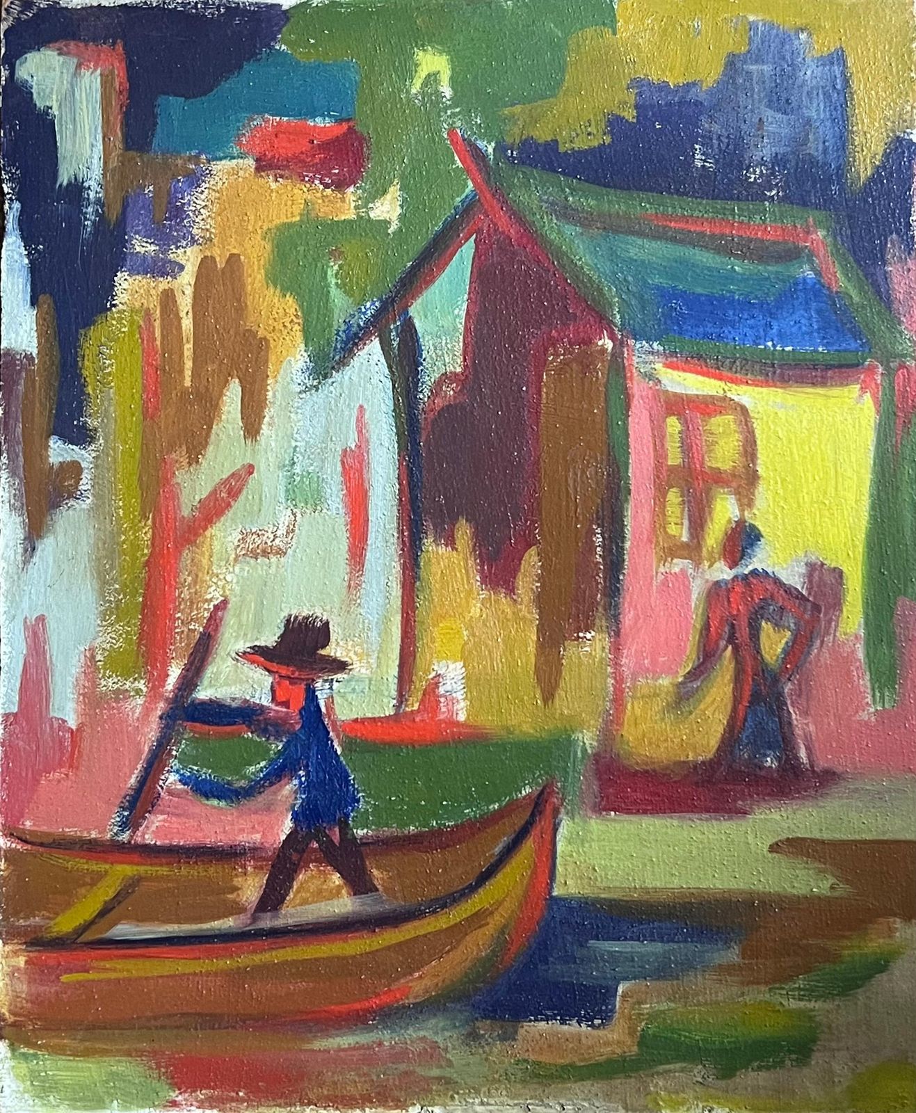 Raymond Guidotoriginal 20th Century French Modernist Oil Painting Man In Punt Boat By Houses