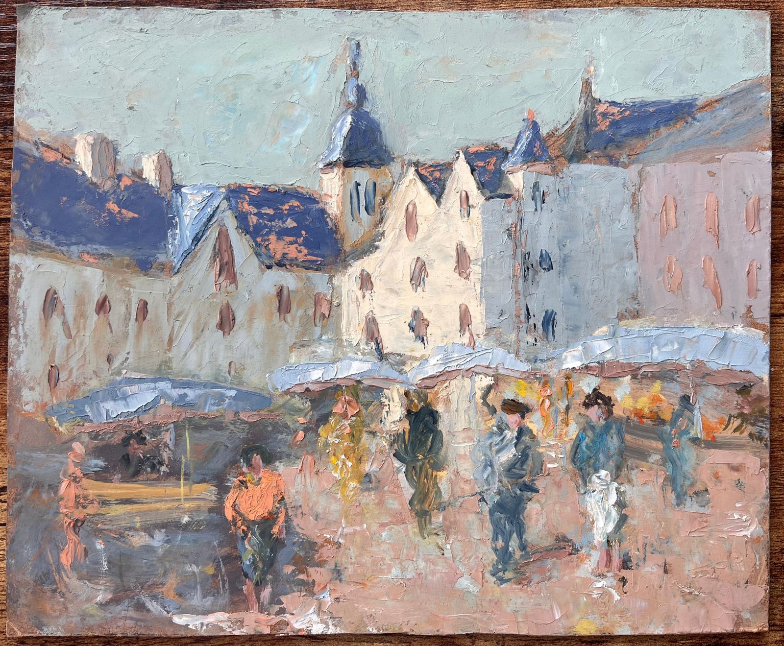 Fanch Lelfrench Town Square Impressionist Painting With Figures And Market Stalls1999 photo furniture