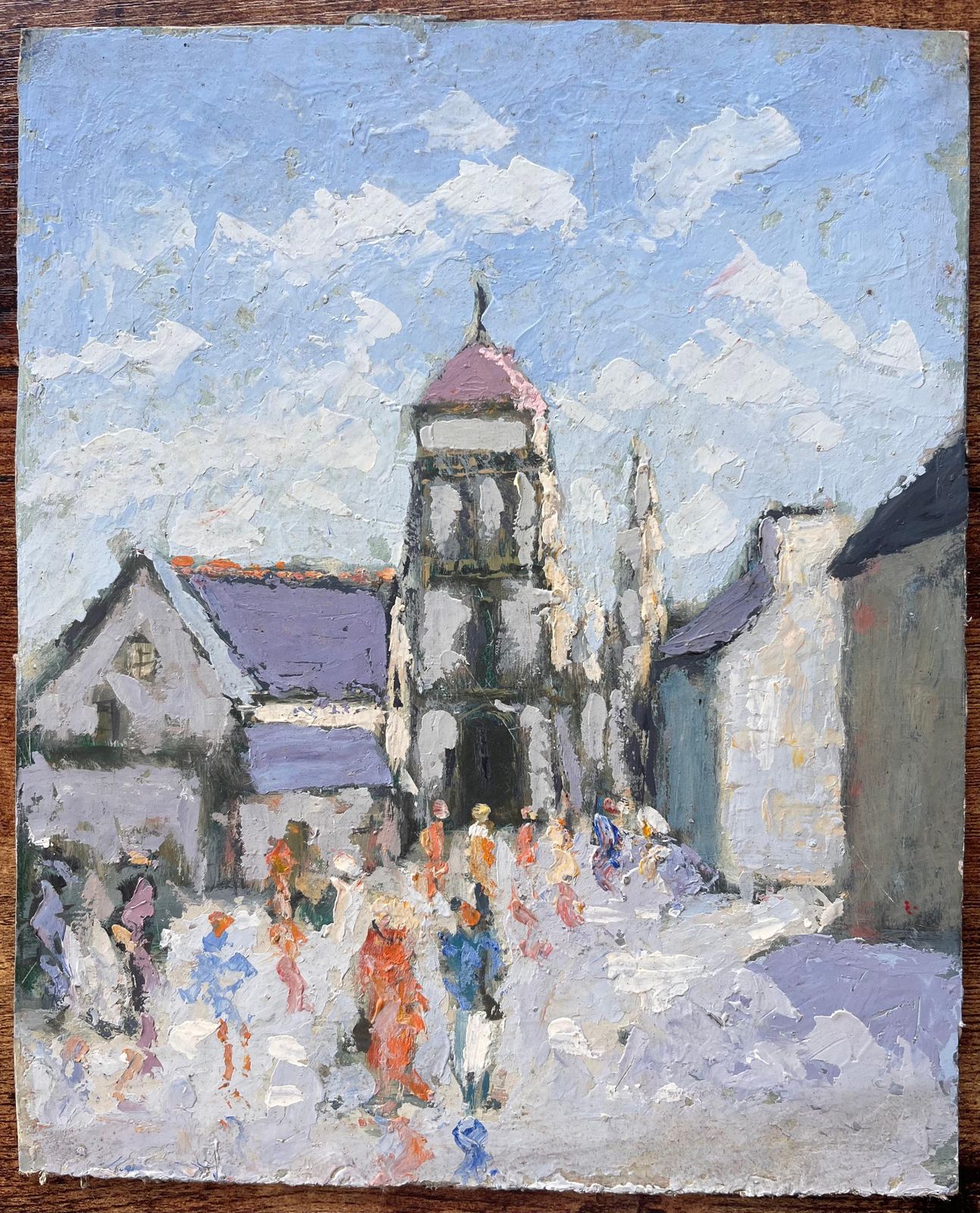 Fanch Lelfrench Village Procession With Church Tower And Colourful Figures Under Blue Sky photo furniture