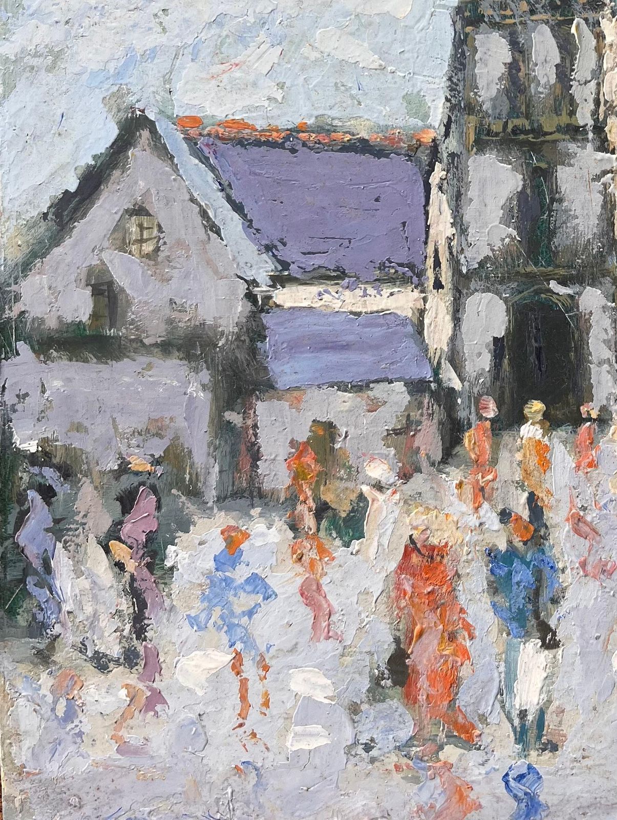 Fanch Lelfrench Village Procession With Church Tower And Colourful Figures Under Blue Sky photo for sale