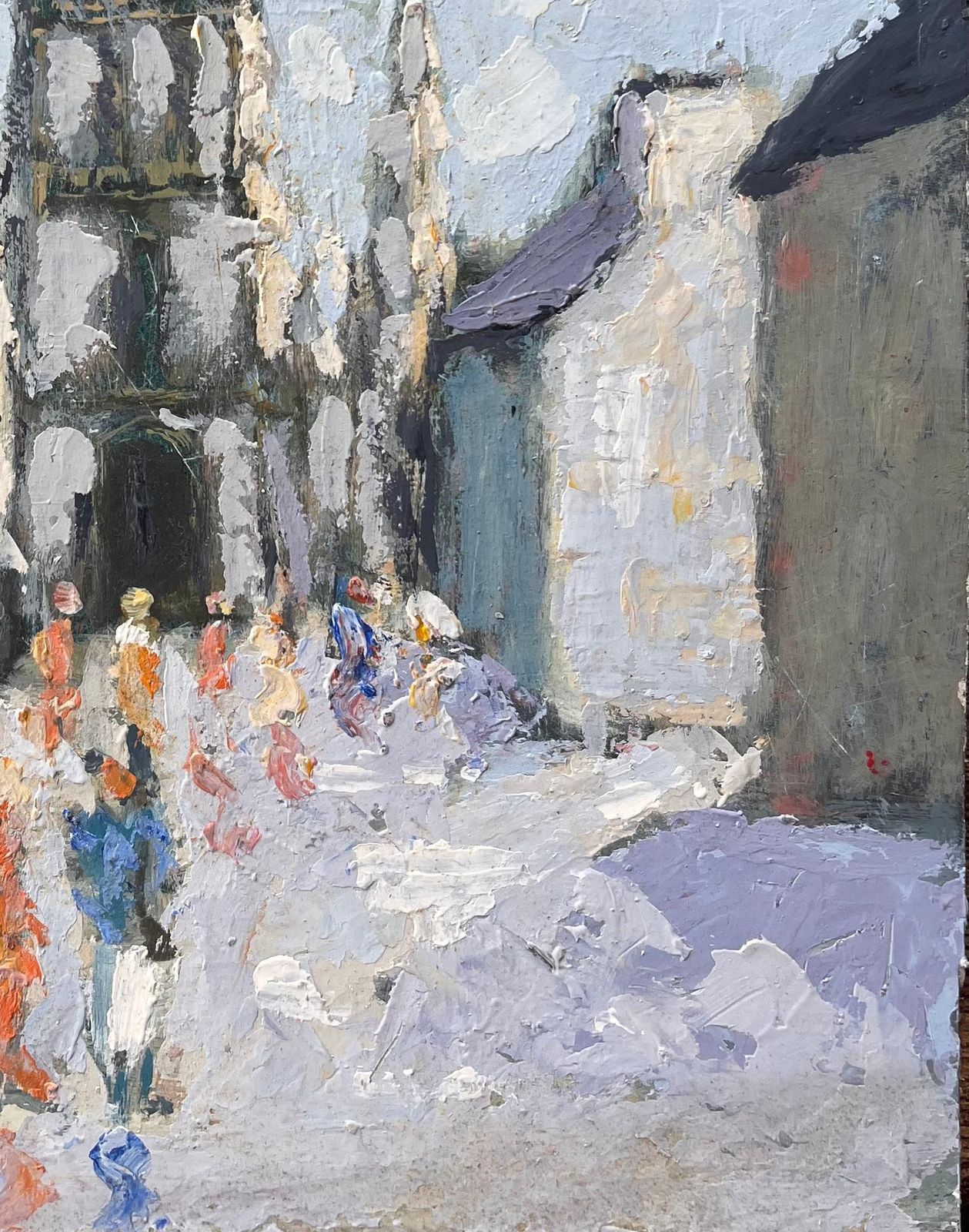 Fanch Lelfrench Village Procession With Church Tower And Colourful Figures Under Blue Sky photo 454.0