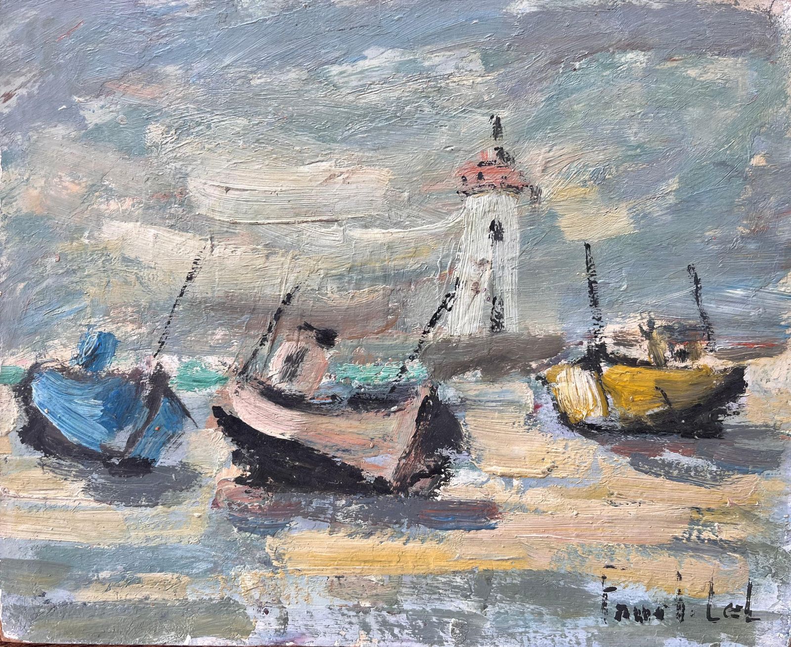 Fanch Lelbateaux French Coastal Oil Painting With Boats And Lighthouse