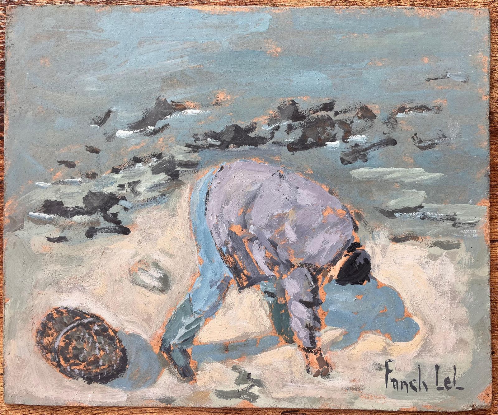 Fanch Lelle Pêcheur à Pied French Coastal Figure Painting Of Shoreline Foraging1999 photo furniture