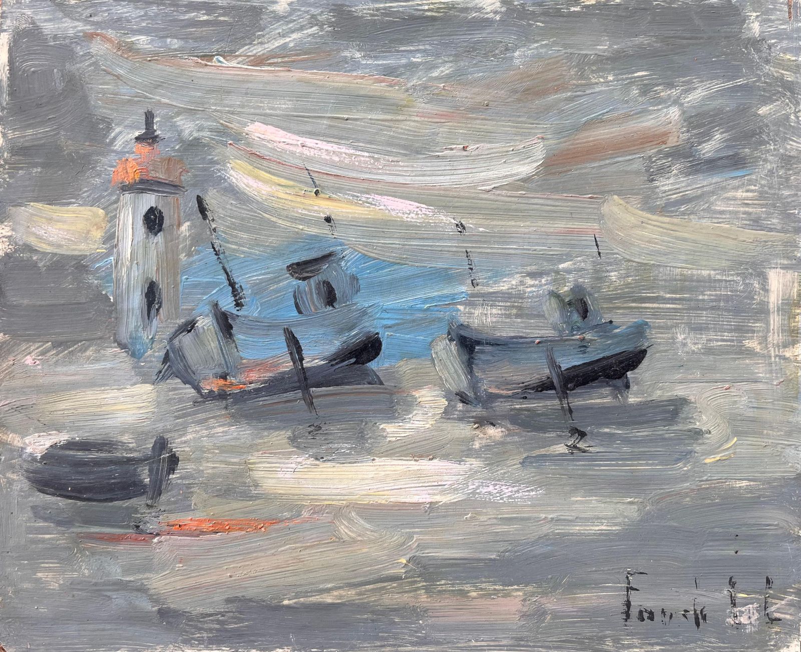 Fanch Lelbateaux French Impressionist Oil Painting Of Fishing Boats And Lighthouse
