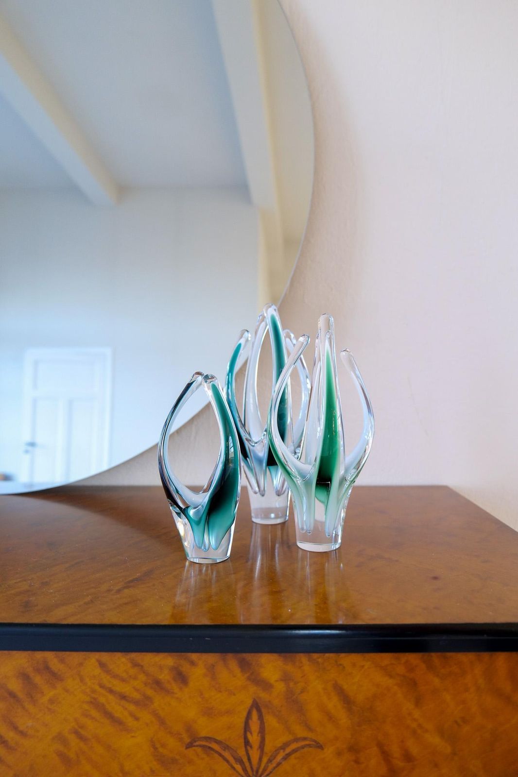 Art Midcentury Modern Set Of 3 Art Glass Pieces "Coquille" , Flygfors Sweden 1955 photo