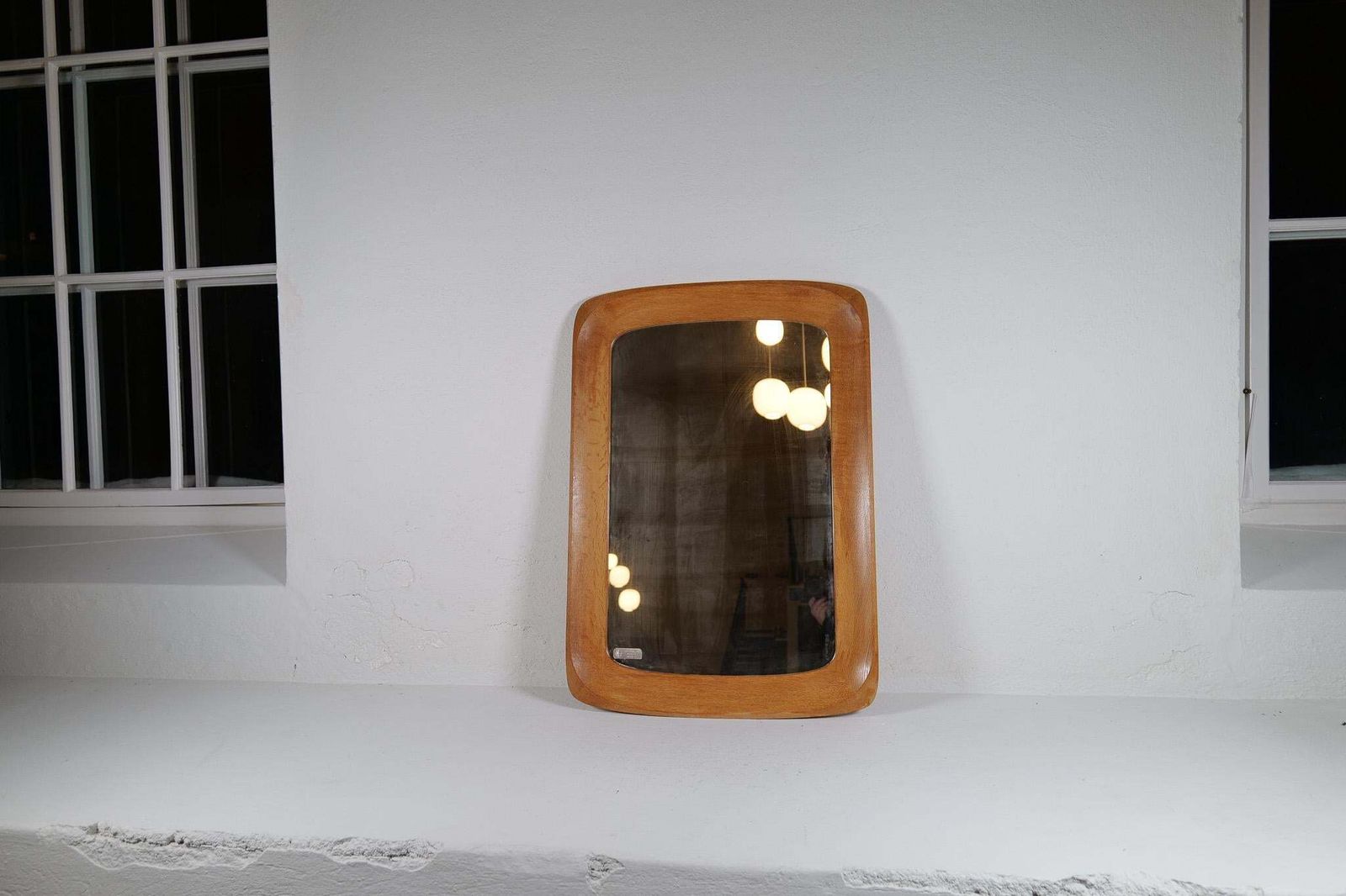 photo for sale Midcentury Modern Sculptural Wall Mirror, Oak, Crystal Glass, Glas & Trä, 1960s