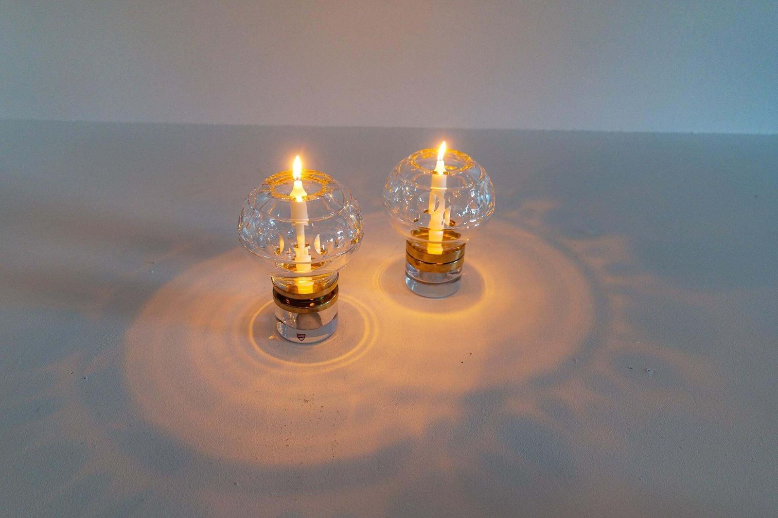 photo for sale Scandinavian Modern Pair Of Heavy Clear Crystal Candle Holders Orrefors Sweden