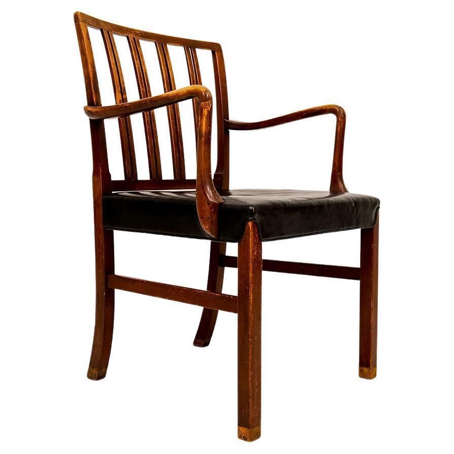 Midcentury Armchair Ole Wanscher For Fritz Hansen, Stained Beech And Leather