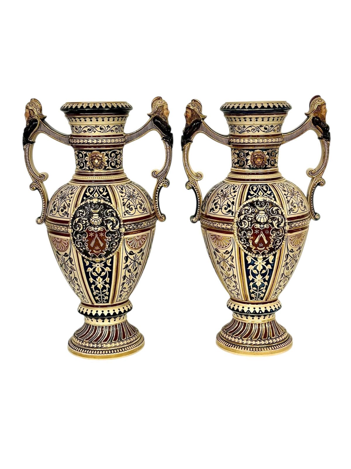 Pair Of 19th Century Renaissance Revival Faience Vases With Heraldic Crests photo furniture