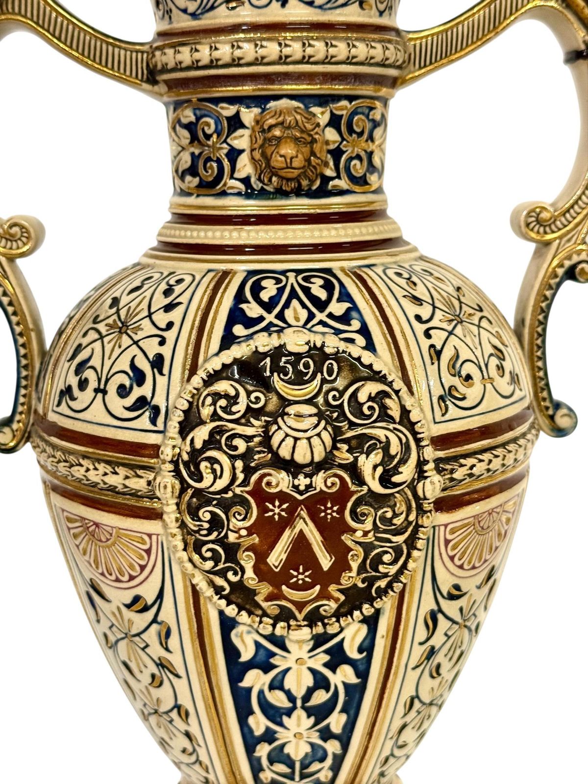 Pair Of 19th Century Renaissance Revival Faience Vases With Heraldic Crests photo Home Decor