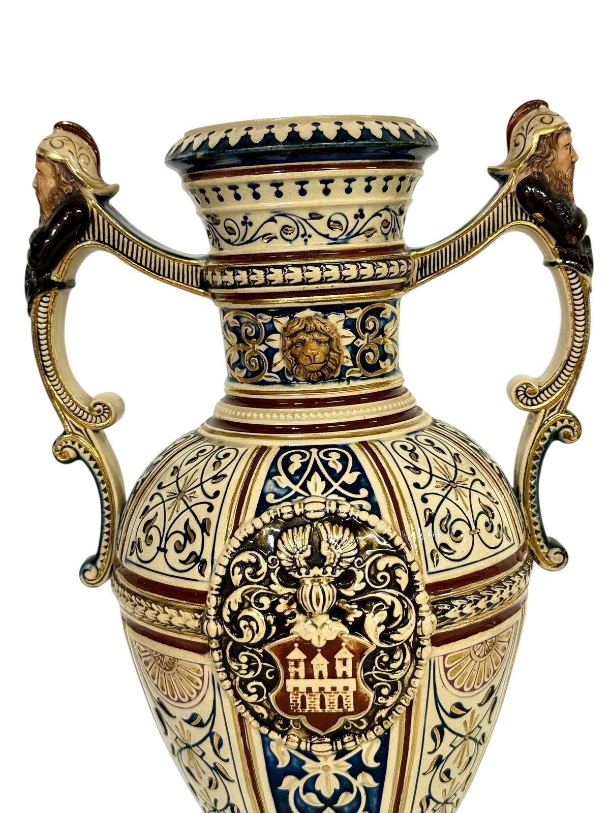 Pair Of 19th Century Renaissance Revival Faience Vases With Heraldic Crests photo vintage