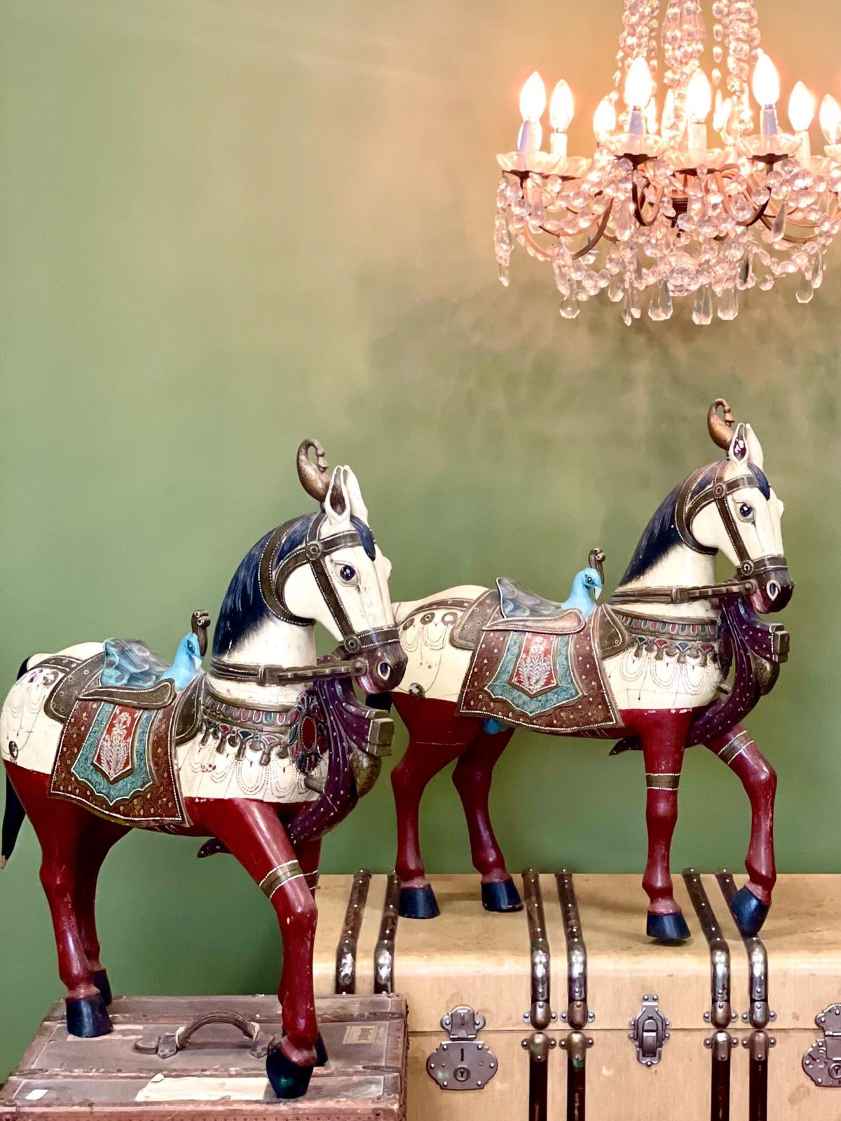 Pair Of Large Hand Painted Indian Horses With Peacock Saddles photo furniture