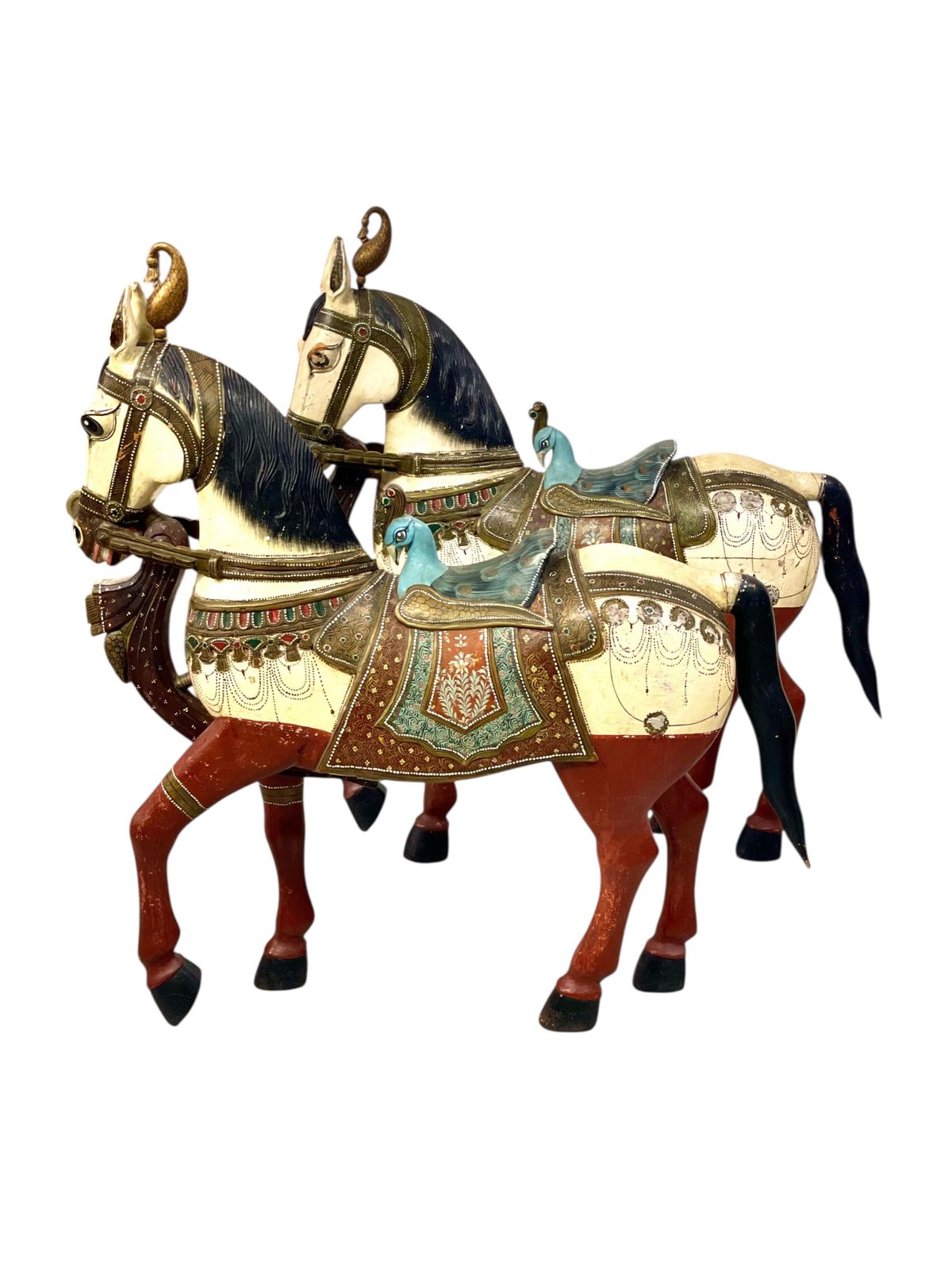 Pair Of Large Hand Painted Indian Horses With Peacock Saddles photo Art