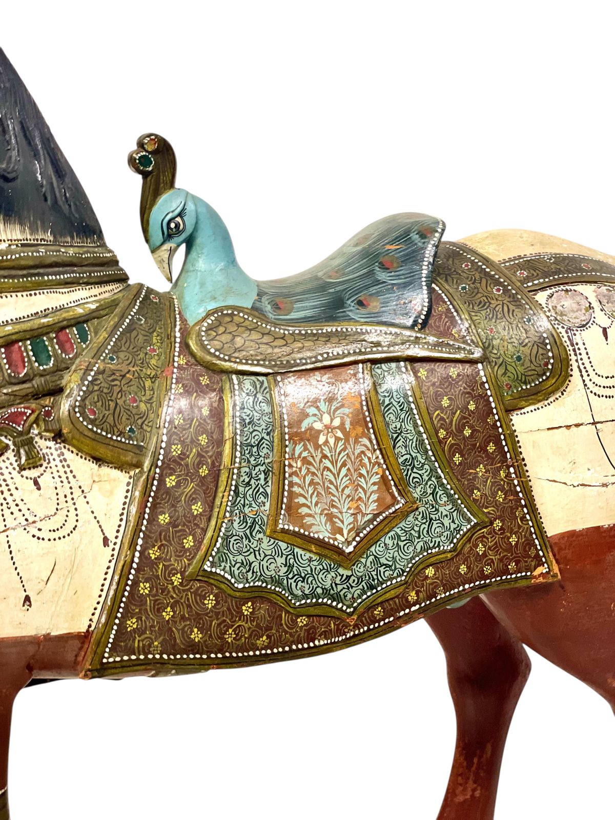 photo furniture Pair Of Large Hand Painted Indian Horses With Peacock Saddles