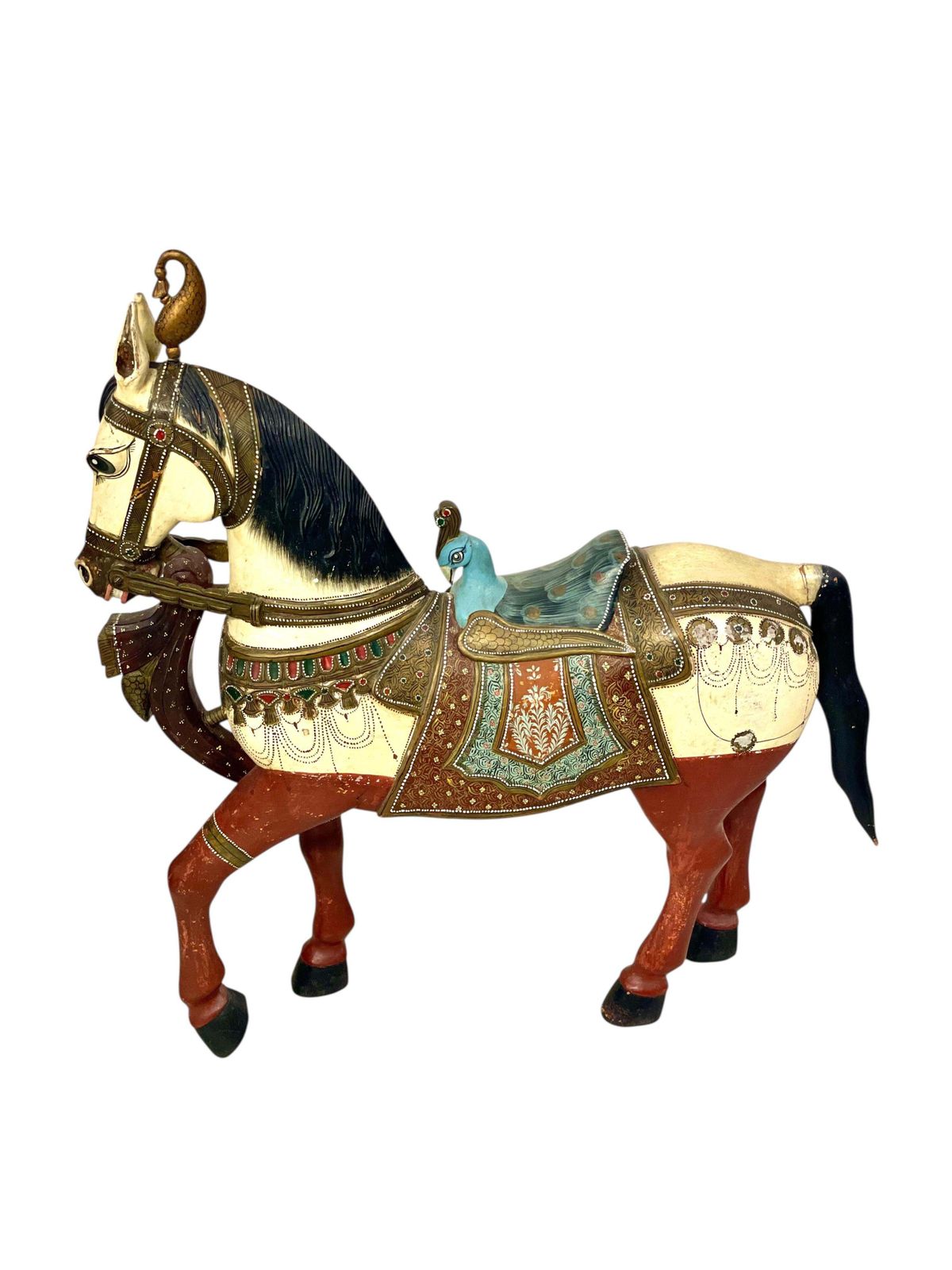 photo buy Pair Of Large Hand Painted Indian Horses With Peacock Saddles