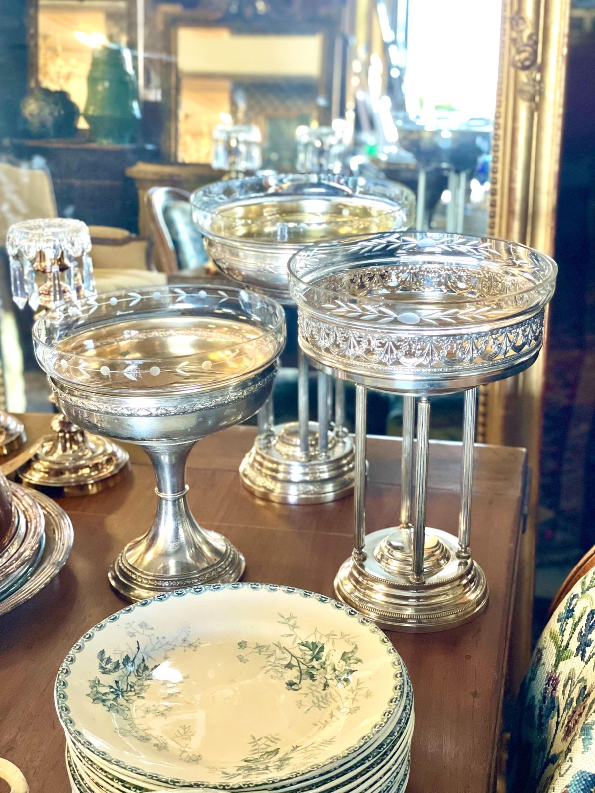 Silver Plated & Etched Crystal Footed Centerpiece Bowl, Circa 1880 photo buy