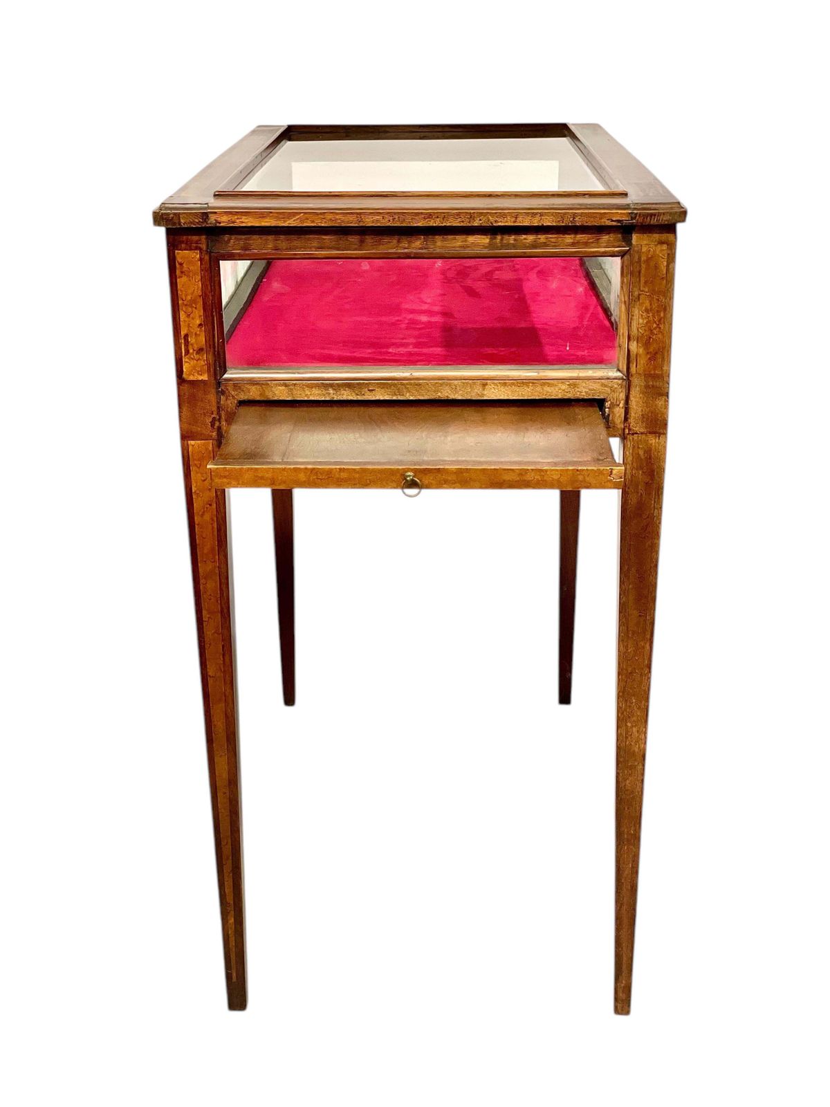 19th Century Walnut Inlaid Glass Display Table With Red Velvet Interior photo vintage