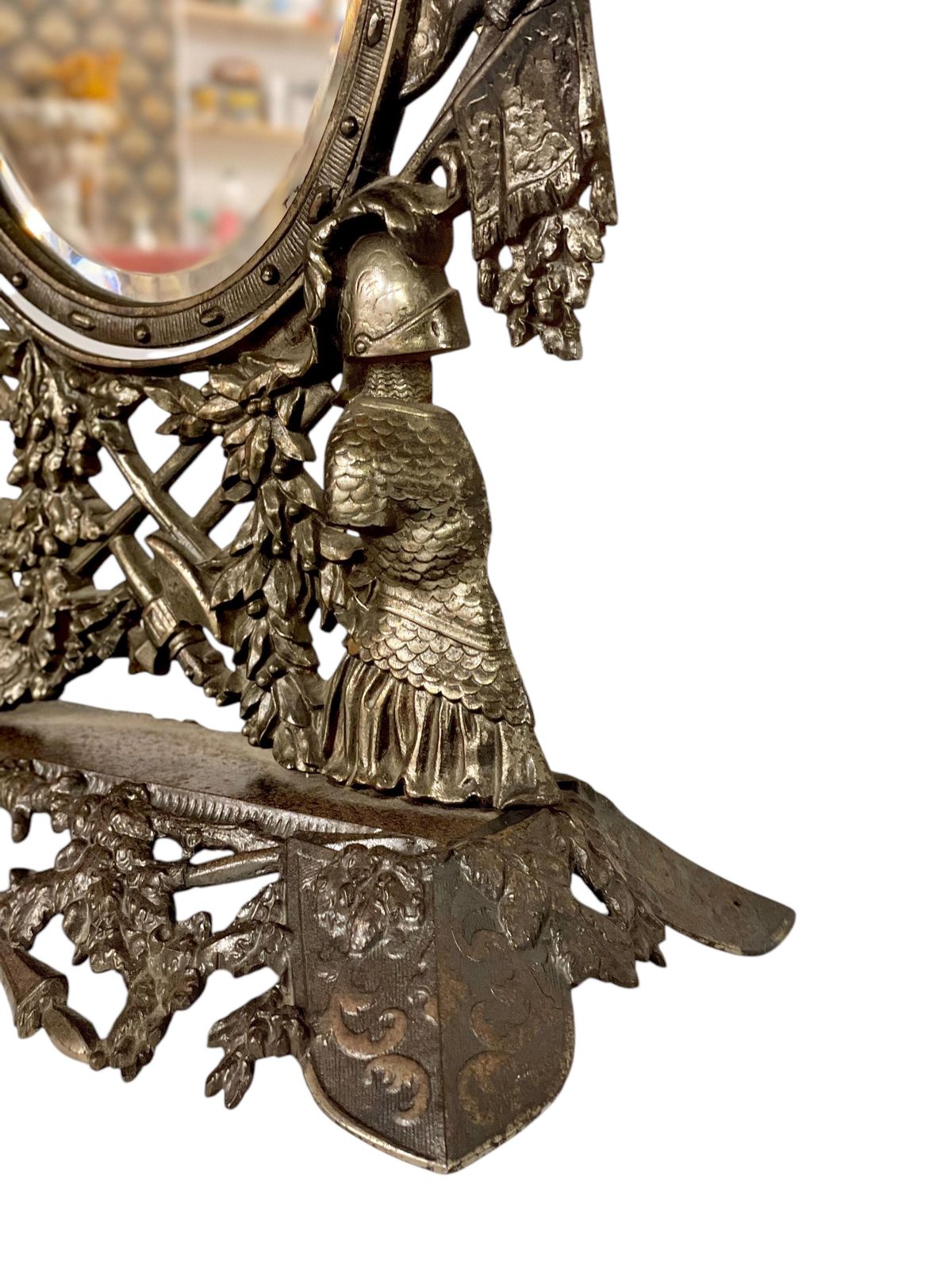 19th Century Cast And Gilt Iron Table Mirror With Heraldic And Knights Motifs photo vinterior