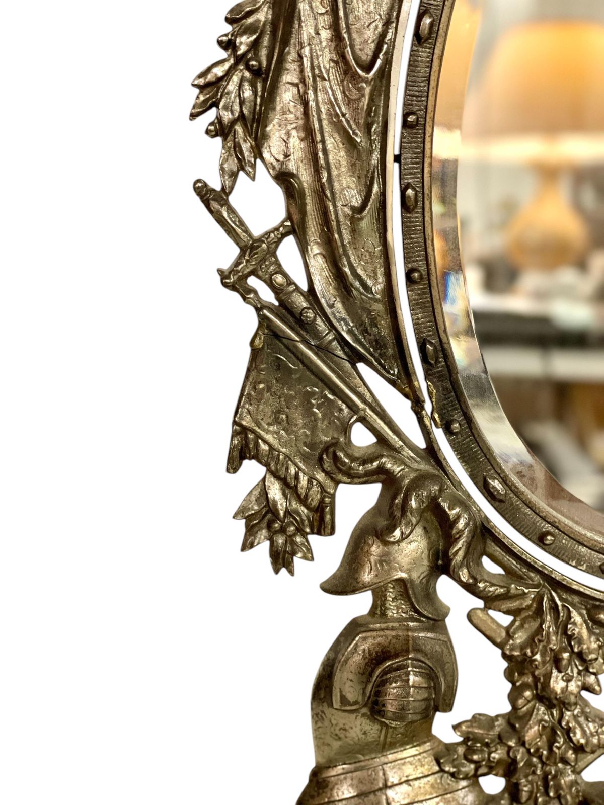 1605.0 19th Century Cast And Gilt Iron Table Mirror With Heraldic And Knights Motifs photo