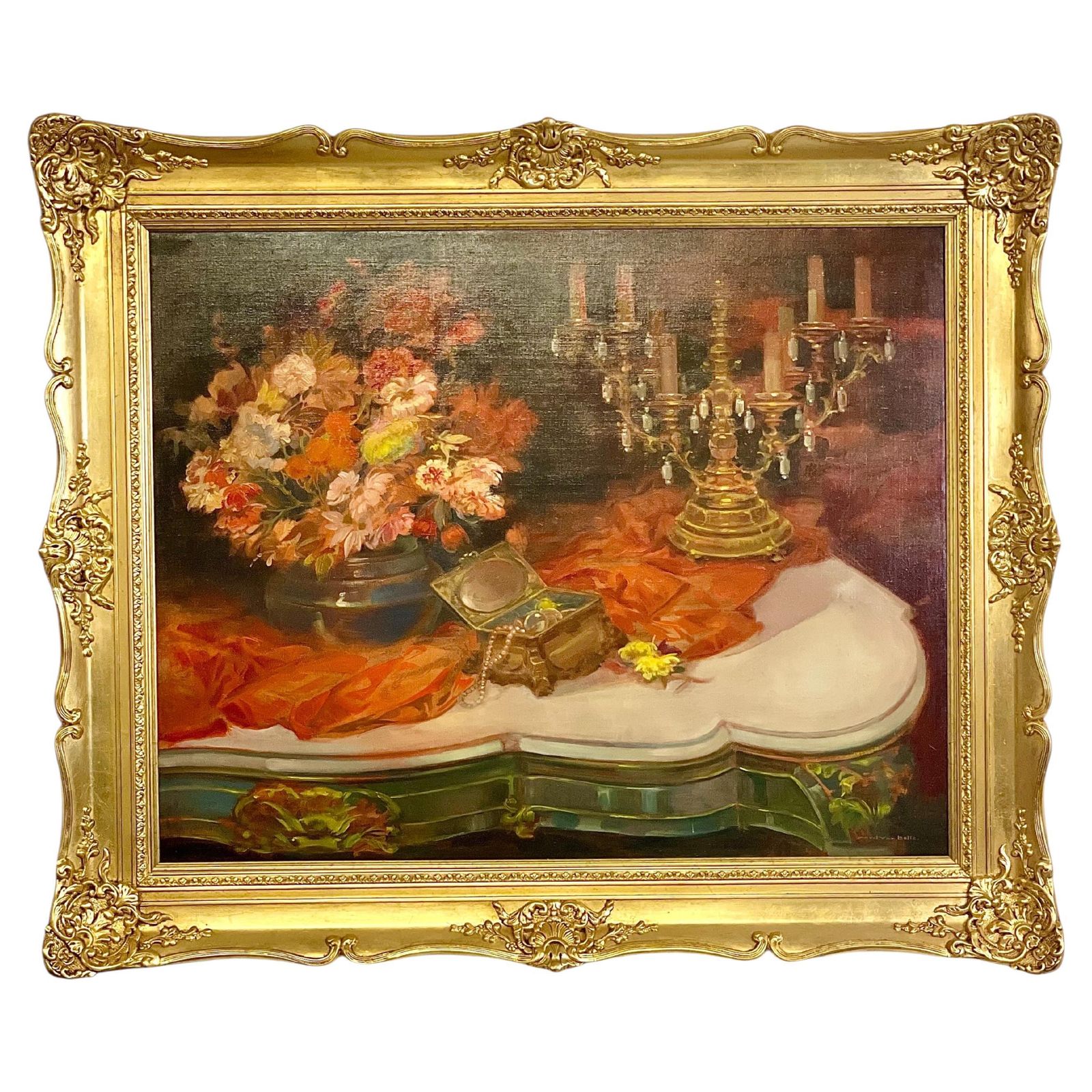 Large Still Life Painting With Flowers, Jewelry And Candelabra