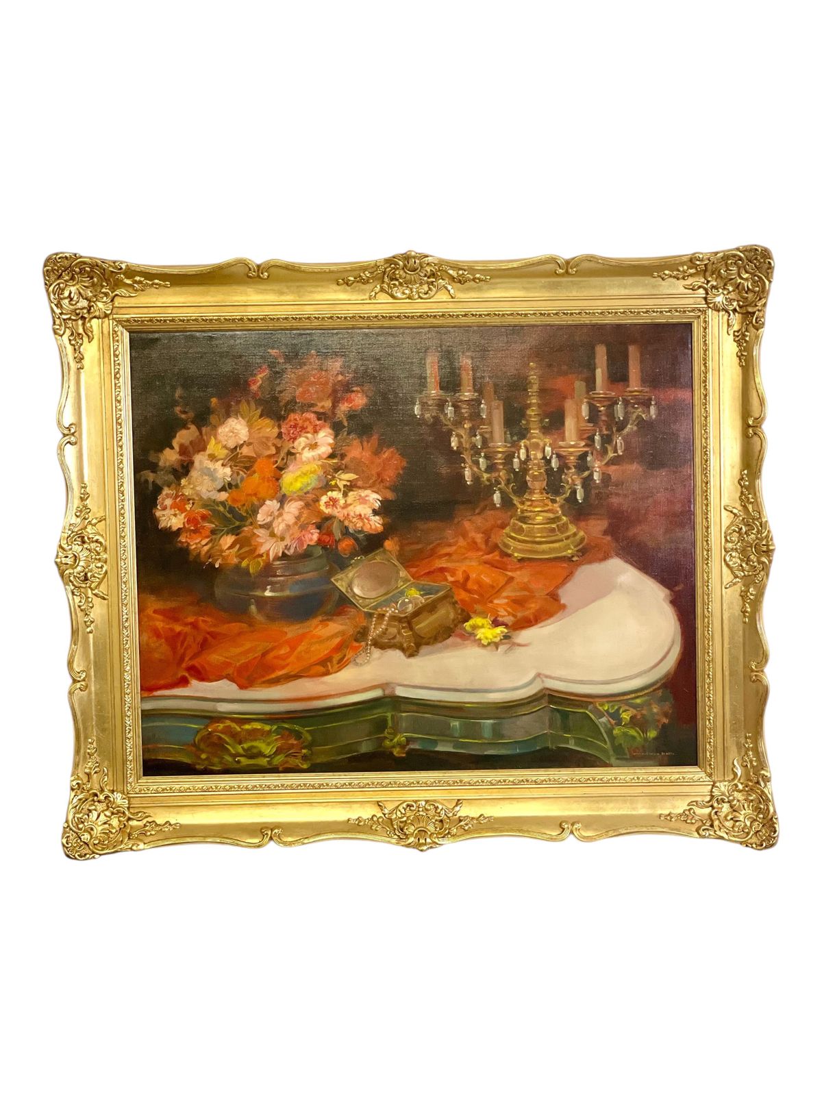 Large Still Life Painting With Flowers, Jewelry And Candelabra photo 1864.0