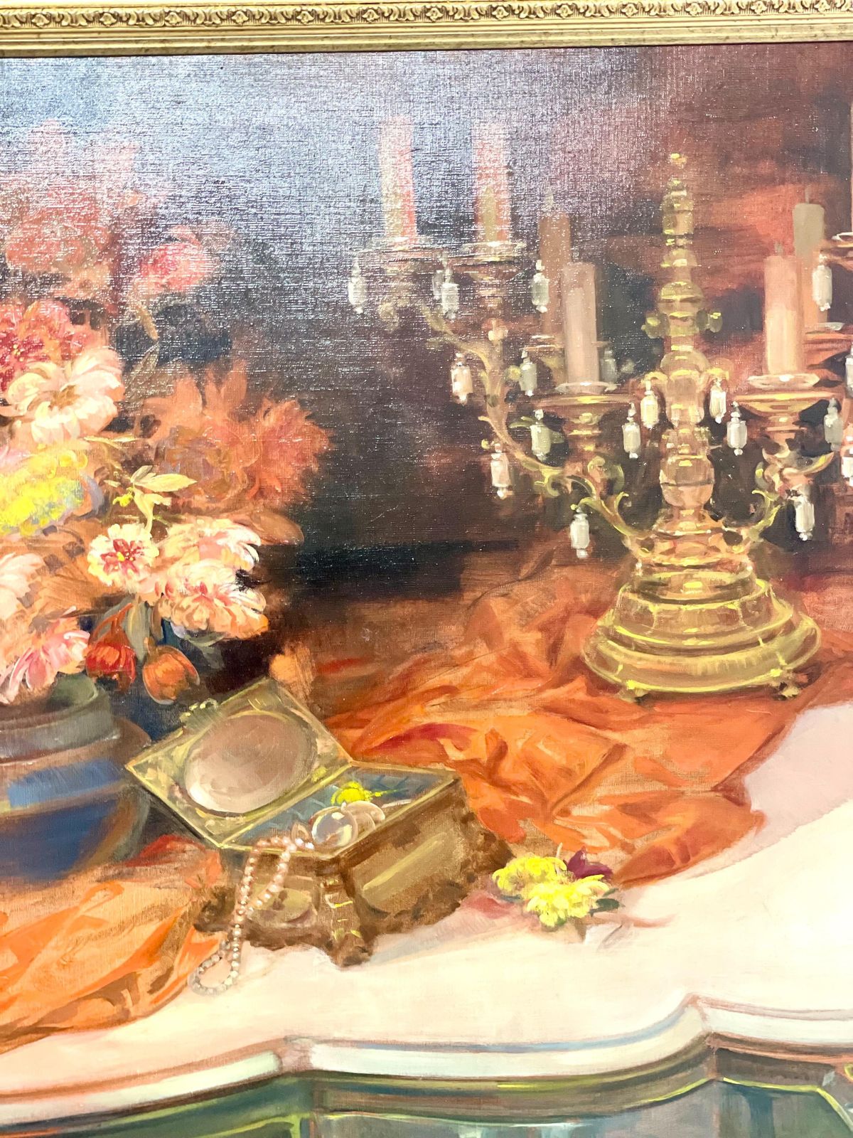 photo for sale Large Still Life Painting With Flowers, Jewelry And Candelabra