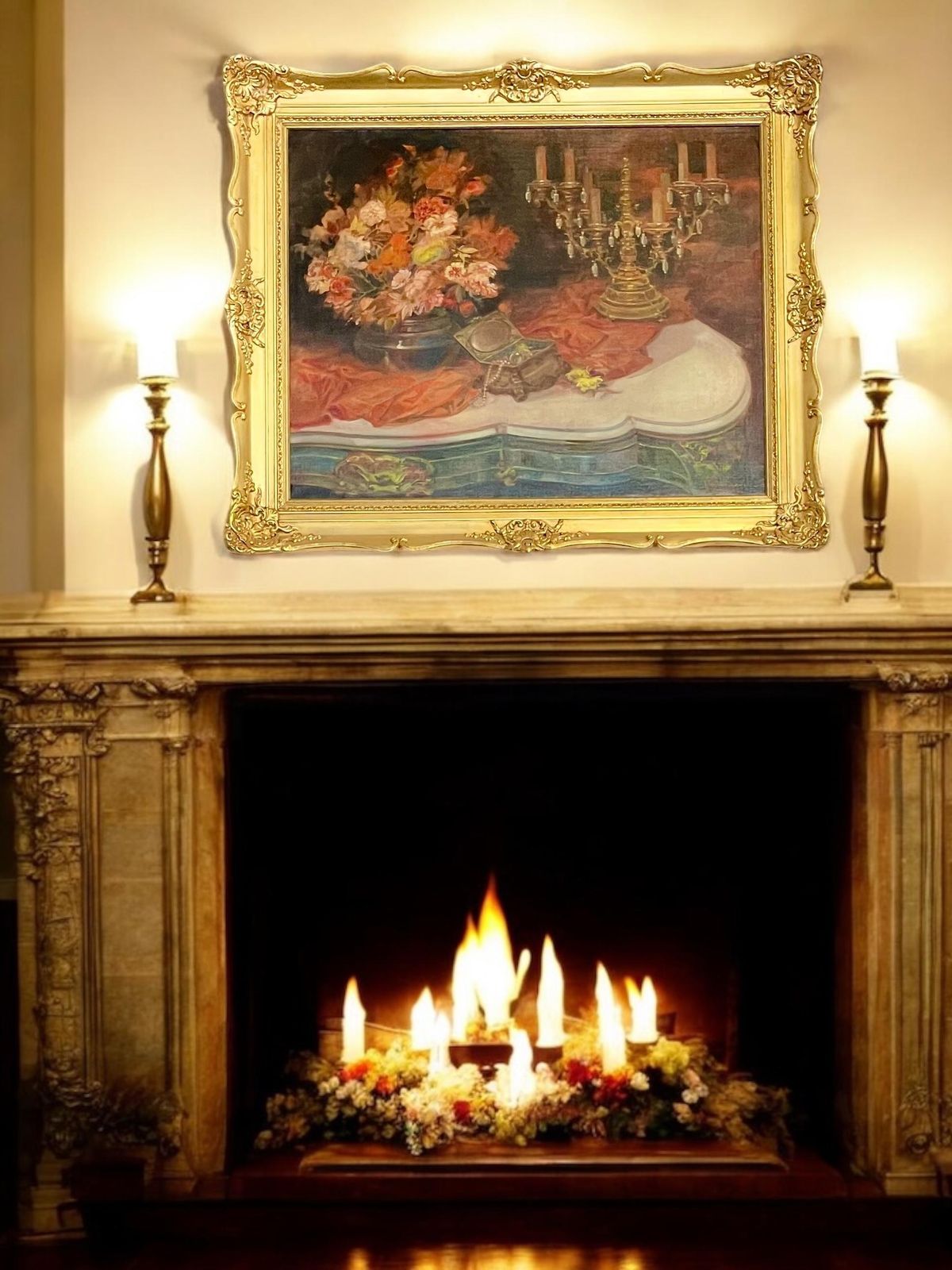 photo vinterior Large Still Life Painting With Flowers, Jewelry And Candelabra