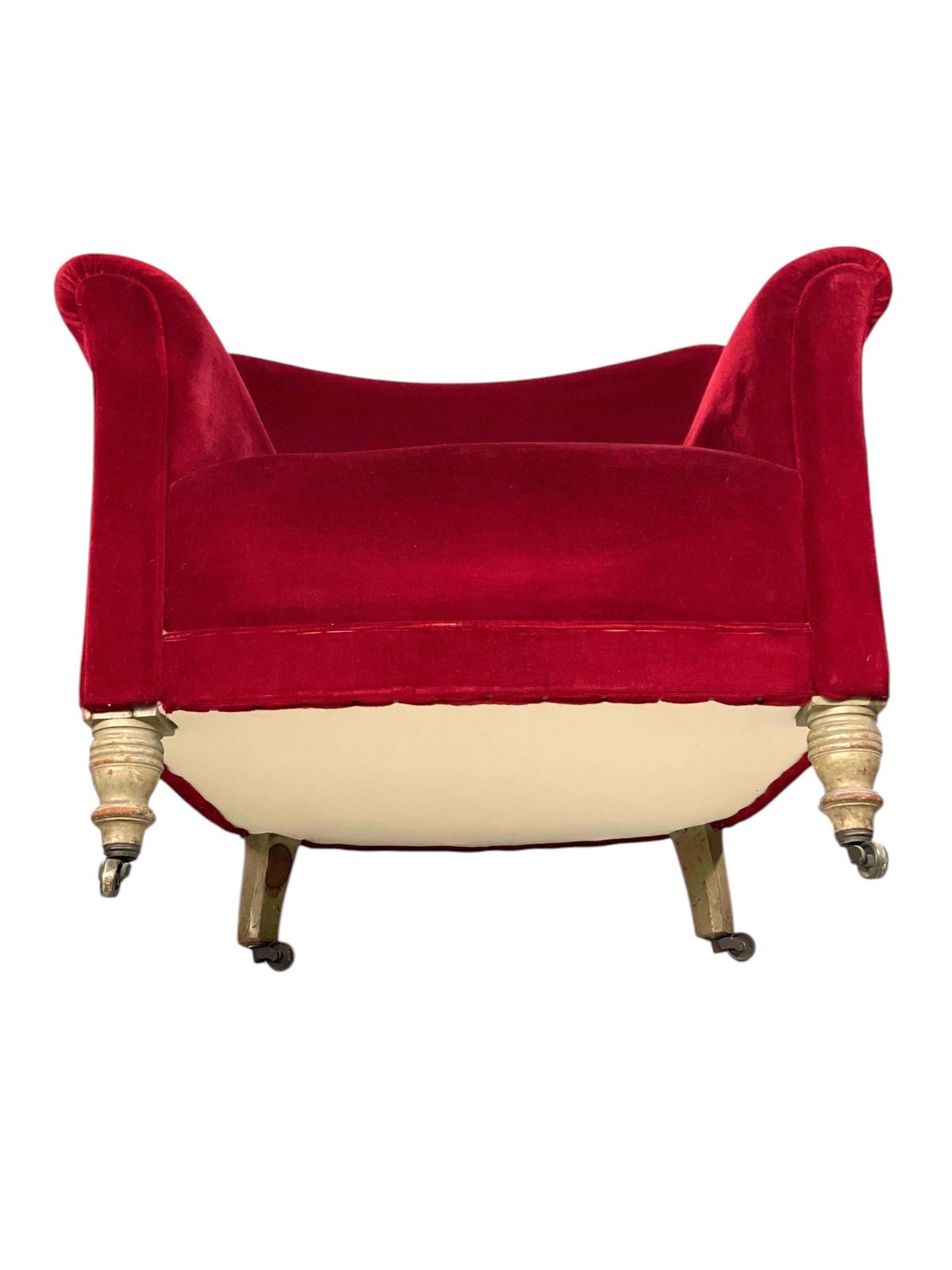 photo for sale Pair Of Napoleon III Period Crimson Velvet Bergere Chairs With Wheels