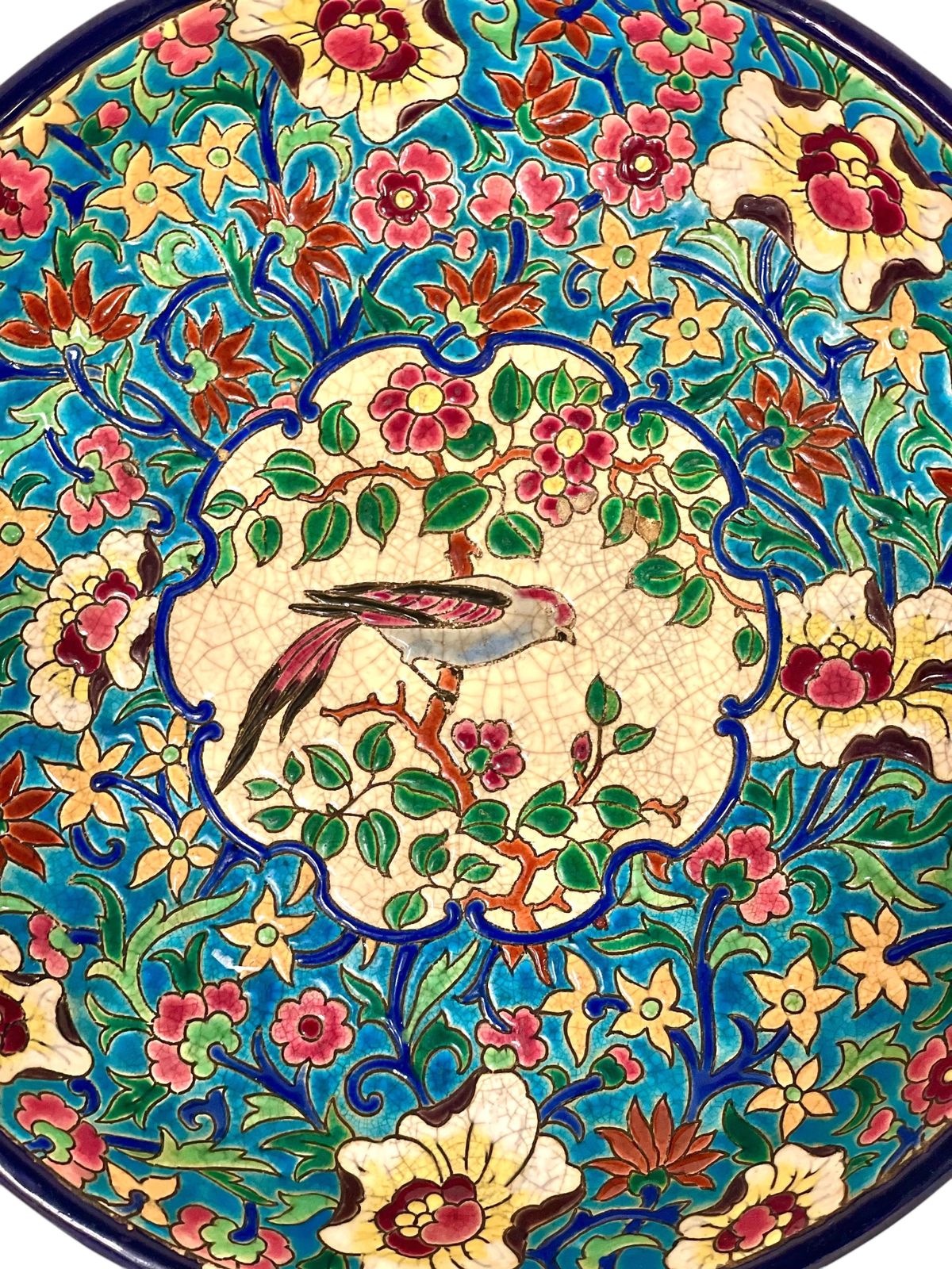 19th Century Longwy Large Enamel Bowl With Floral And Bird Motifs photo for sale