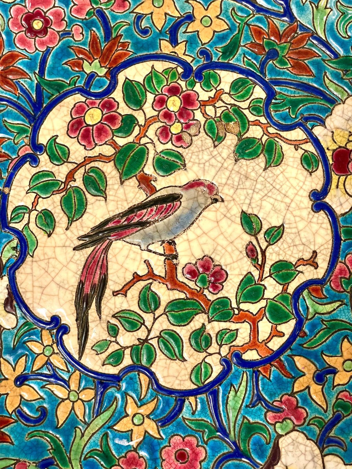 19th Century Longwy Large Enamel Bowl With Floral And Bird Motifs photo vintage