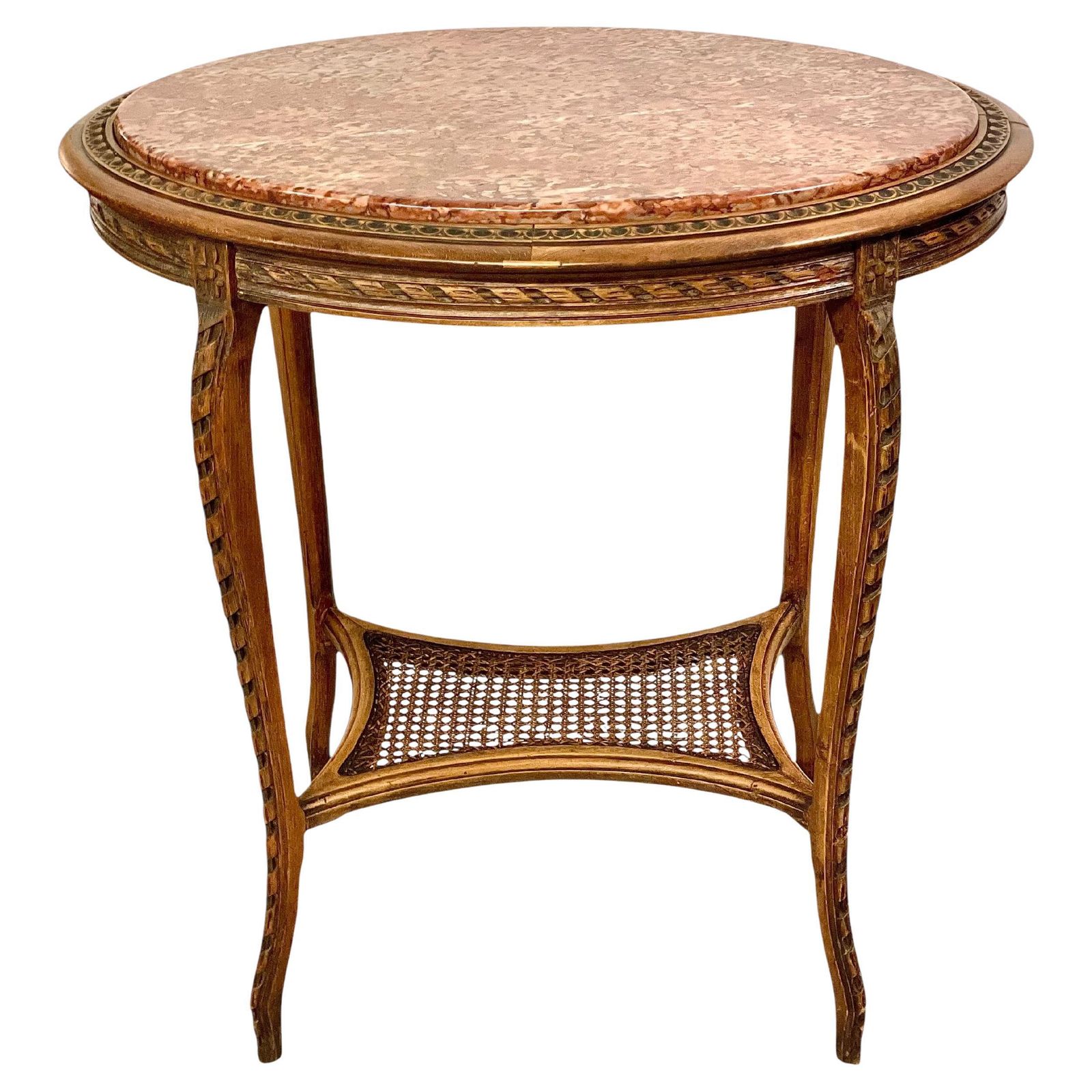 19th Century French Walnut Gueridon With Pink Marble Top And Caned Shelf