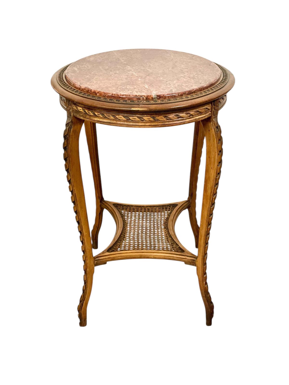 19th Century French Walnut Gueridon With Pink Marble Top And Caned Shelf photo vinterior