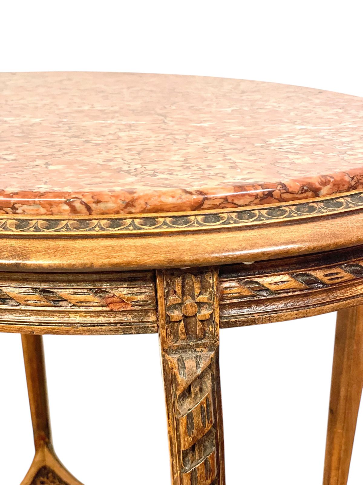 photo vinterior 19th Century French Walnut Gueridon With Pink Marble Top And Caned Shelf